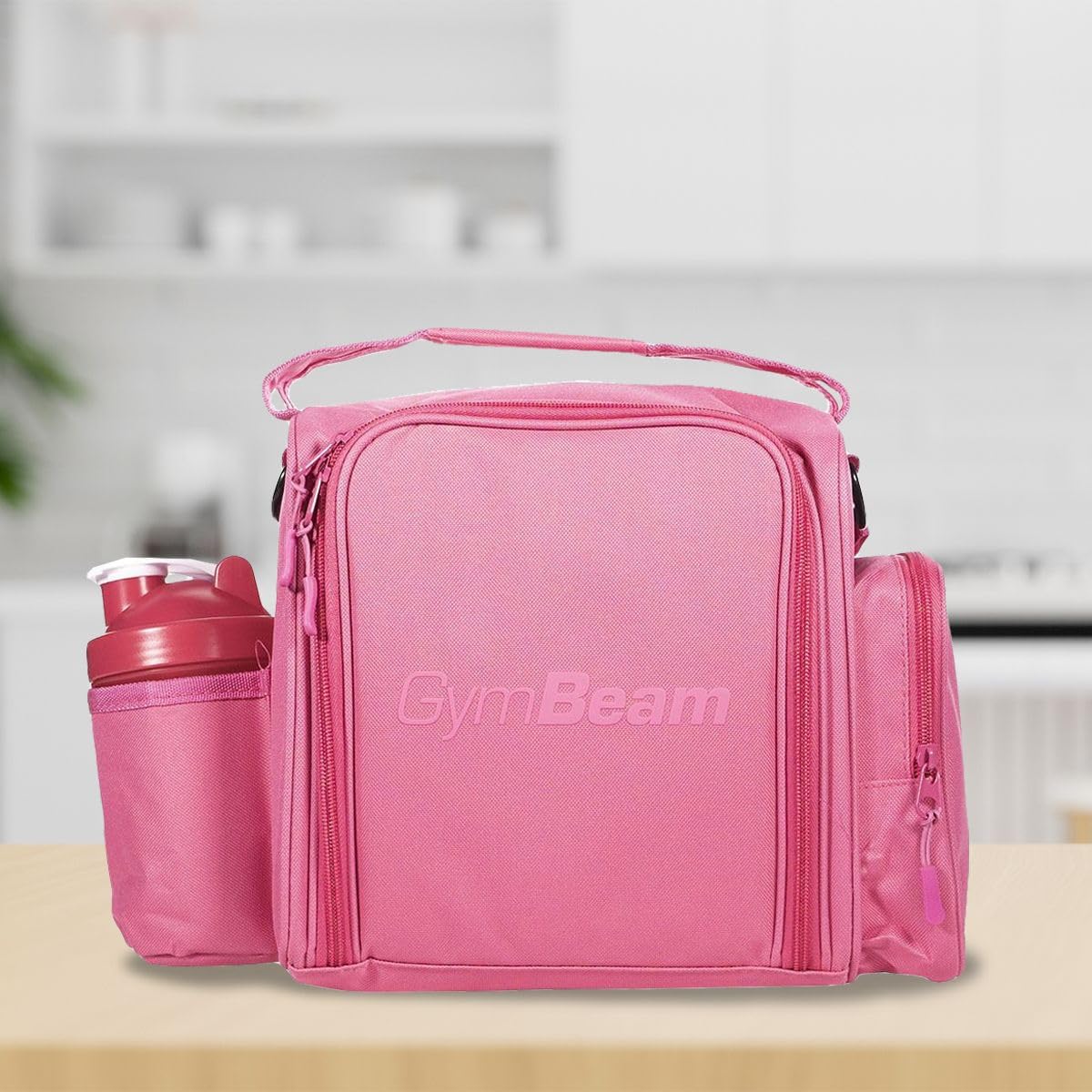 GymBeam FIT Prep Essenstasche - Kleine Kühltasche mit 3 stabilen Behältern, Löffeln und Gelpacks, praktische Kühltasche für Unterwegs mit verstellbarem Schultergurt und Seitentasche (Pink)