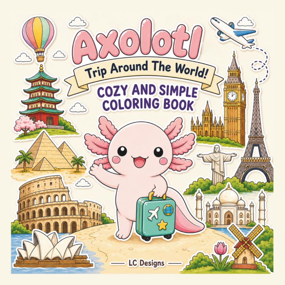 Axolotl Trip Around The World: Cozy and Simple Stress Relief Coloring Book with 34 Single-Sided Cute Travel Illustrations (Cute Axolotl Adventures Coloring Book Series)
