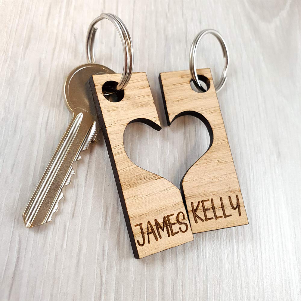 My Pretty Little Gifts Wood Personalised Two Hearts Keyring Name Couple Valentines Best Friend Key Ring - Add Any Two Names