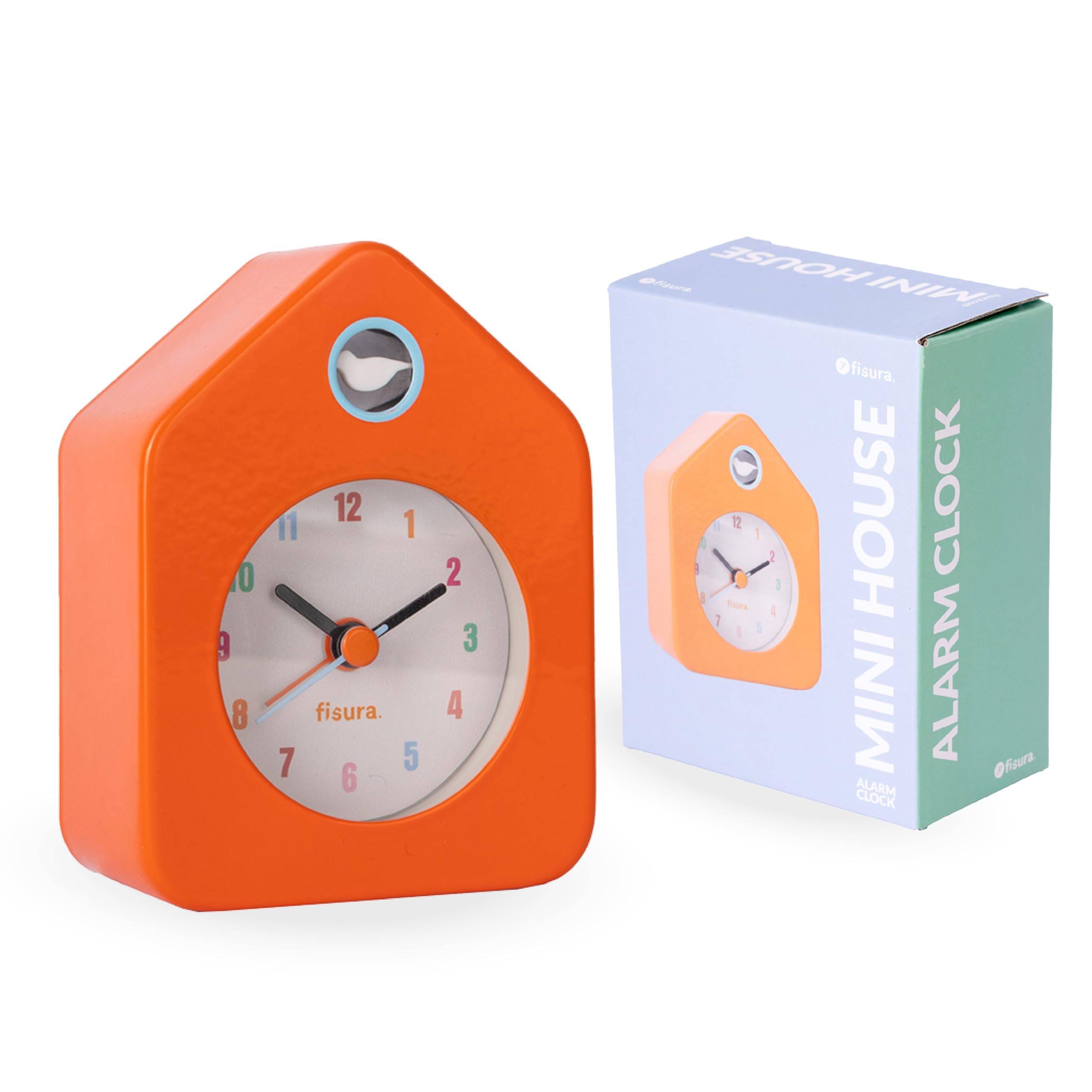 Fisura – Mini budzik w kształcie domku, pomarańczowy. Cichy zegar analogowy bez tykania. Kompaktowy alarm o oryginalnym designie. Wymiary: 9,7x7,3x4,5 cm. 1 bateria AA.