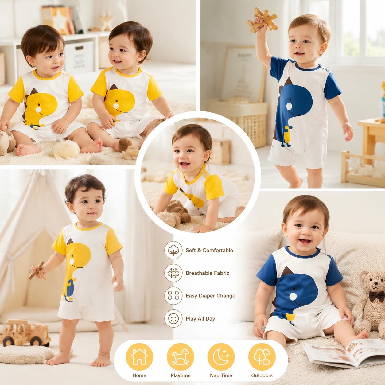 Baby Boy Clothes 2 Pack Short Sleeve Summer Rompers, Newborn Infant Dinosaur Bodysuit Outfits