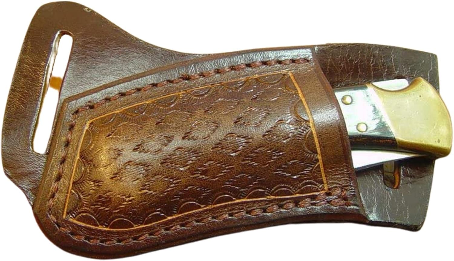 Custom left hand cross draw knife sheath for a buck 110 knife. The sheath is made out of buffalo hide leather hand tooled with a basket weave pattern.