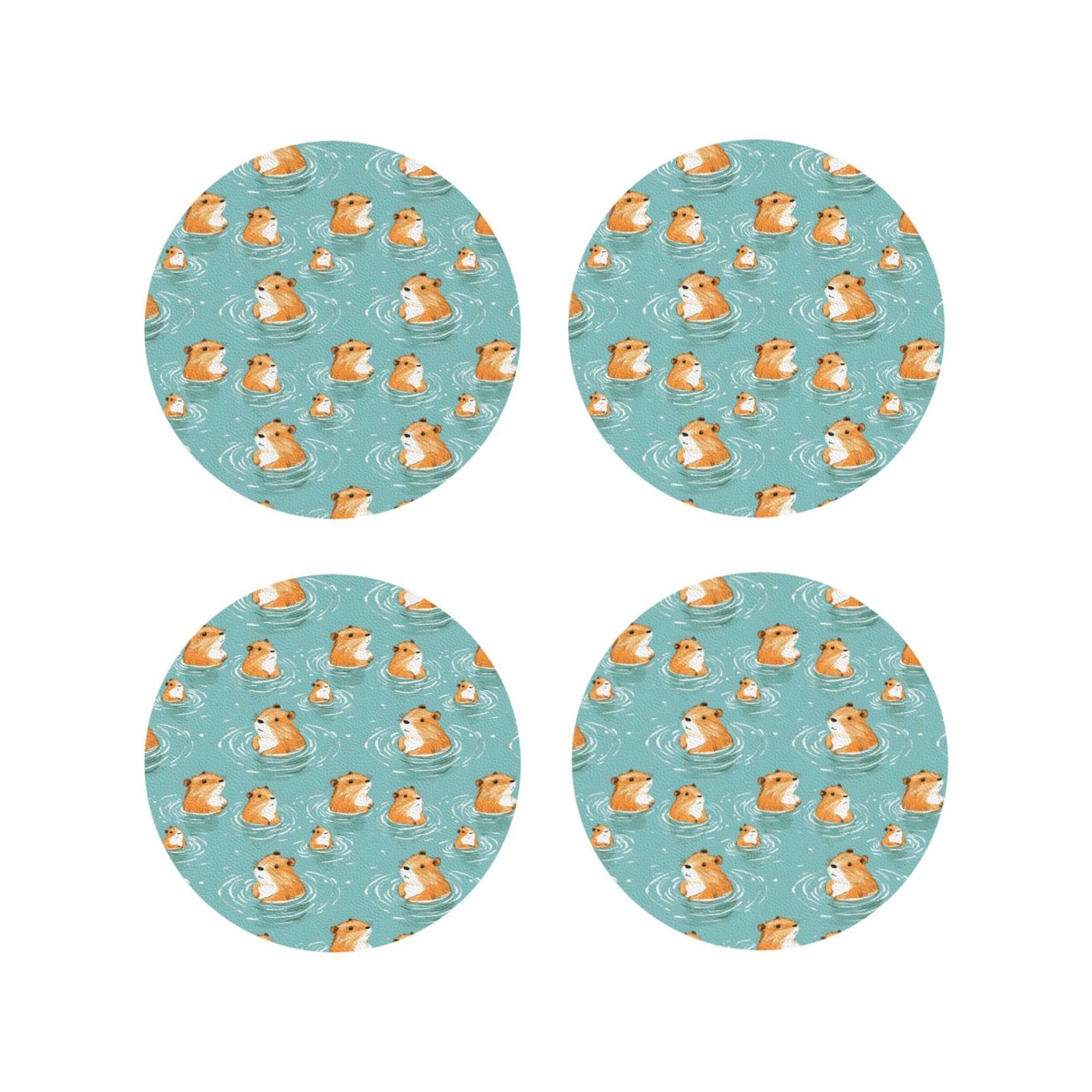 Smazdfxx Women's As Pic Leather Coasters Set Of 4 - Cute Capybara Swimming Print Lightweight Drink Coasters For Desk