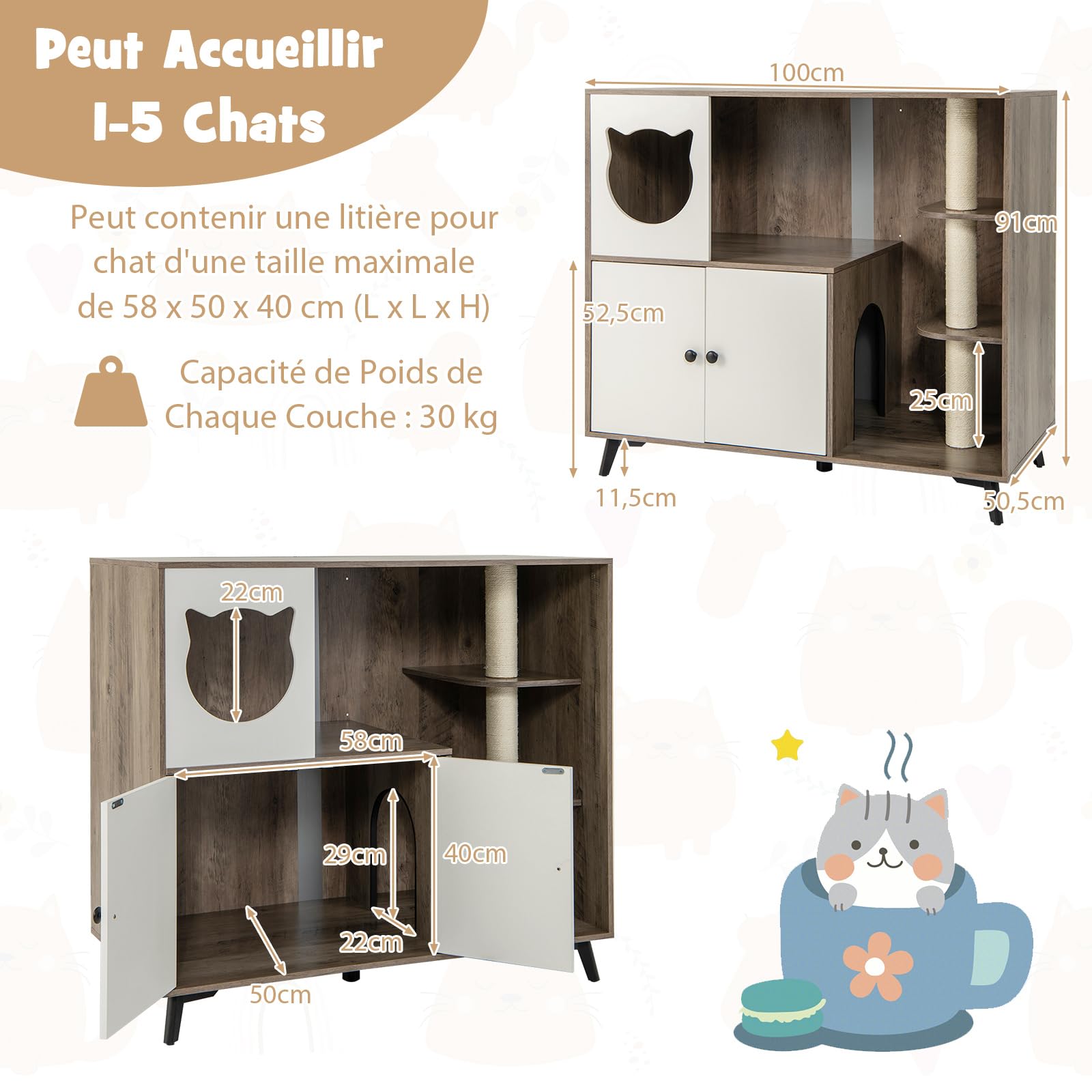 GYMAX Meuble Cache-Bac à Litière pour Chat, 3 Griffoirs à Gratter, Plateformes de Sauts, Condo pour Chat, Maison pour Chats d'Intérieur 2 Niveaux