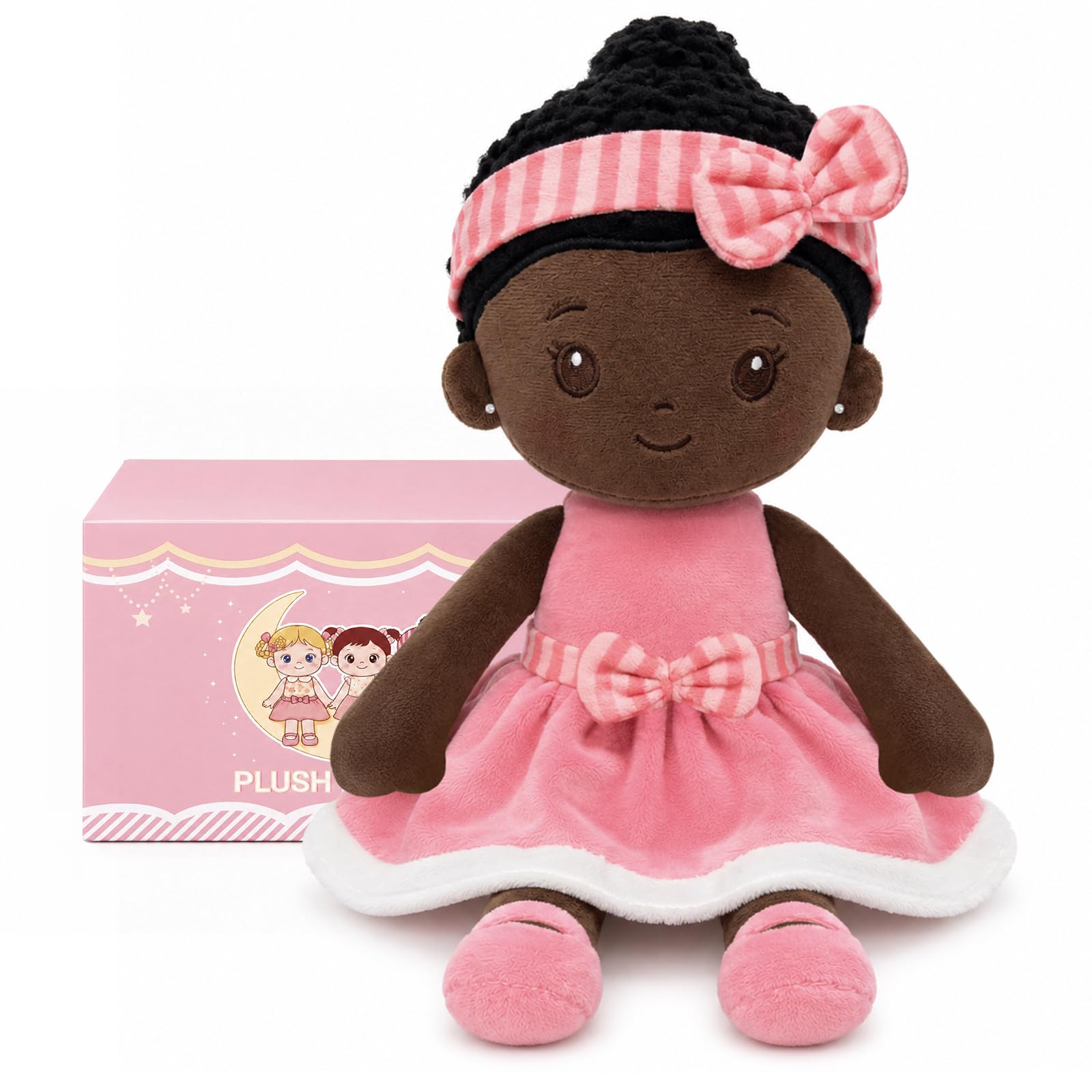 Xfrog Black Baby Doll Plush Toy, Cute Rag Dolls for Girls Toddlers, Cuddly Princess Stuffed Toys, Kids Companion Plushies Gifts for Birthday Bow Girl
