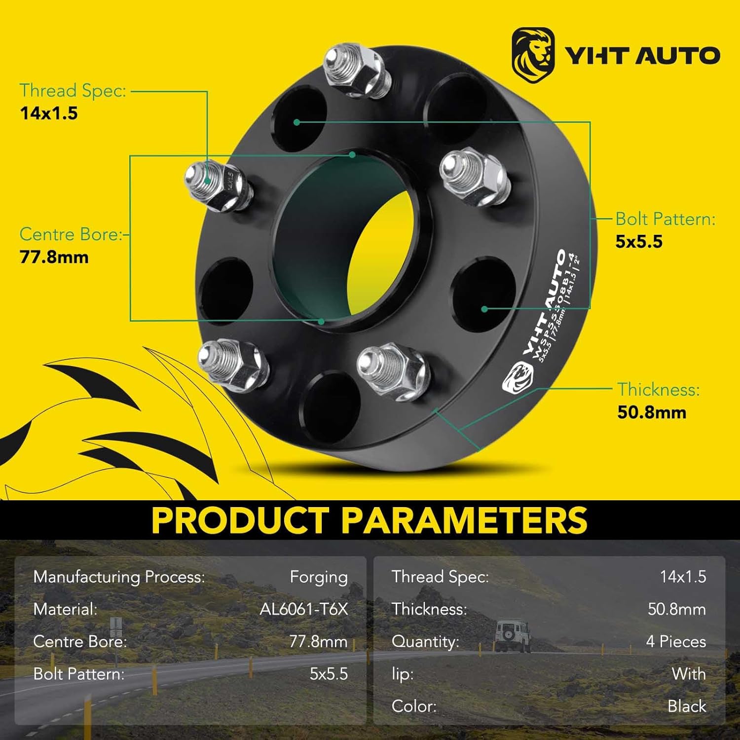 Diagram showing product parameters like thread spec, center bore, thickness, and bolt pattern