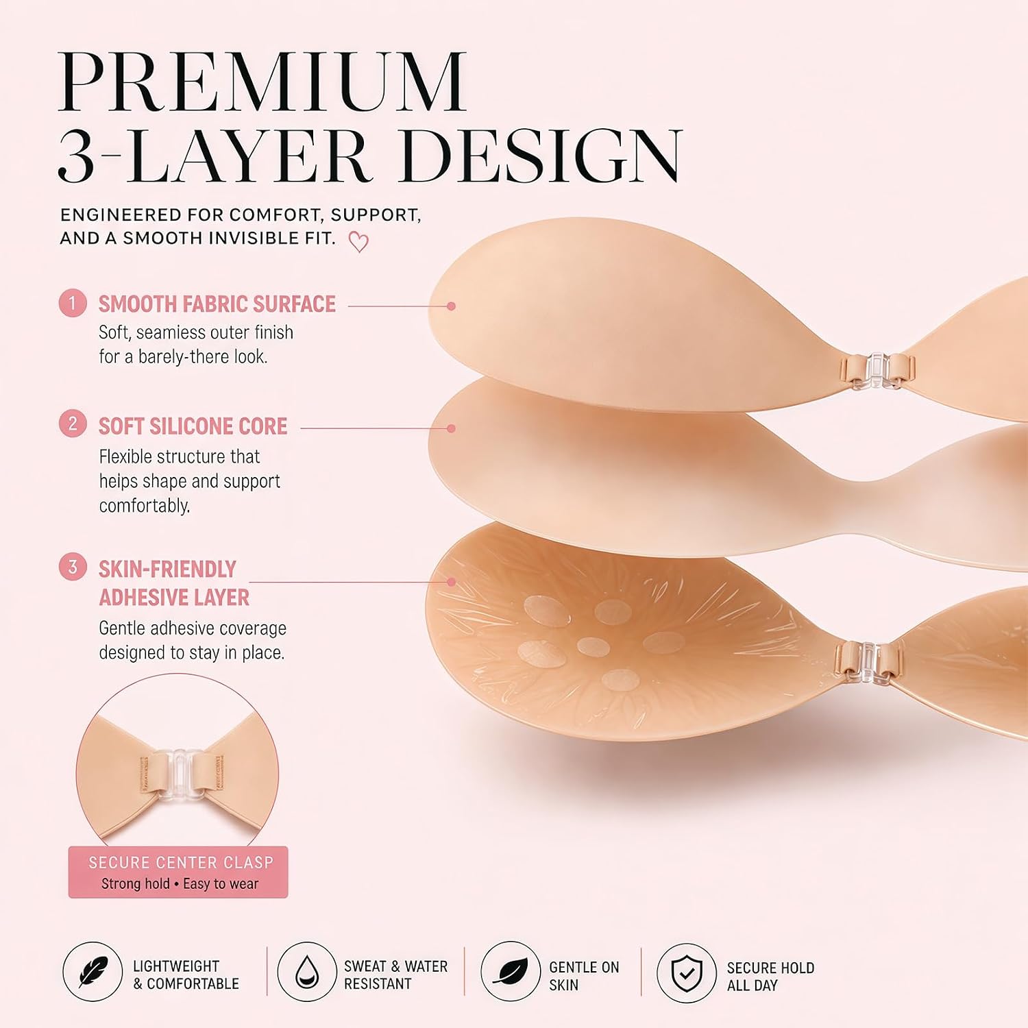Sbeauti Sticky Bra Push Up, Ultra Invisible Strapless Adhesive Bra, Reusable Silicone Backless Bra for Strapless Dress