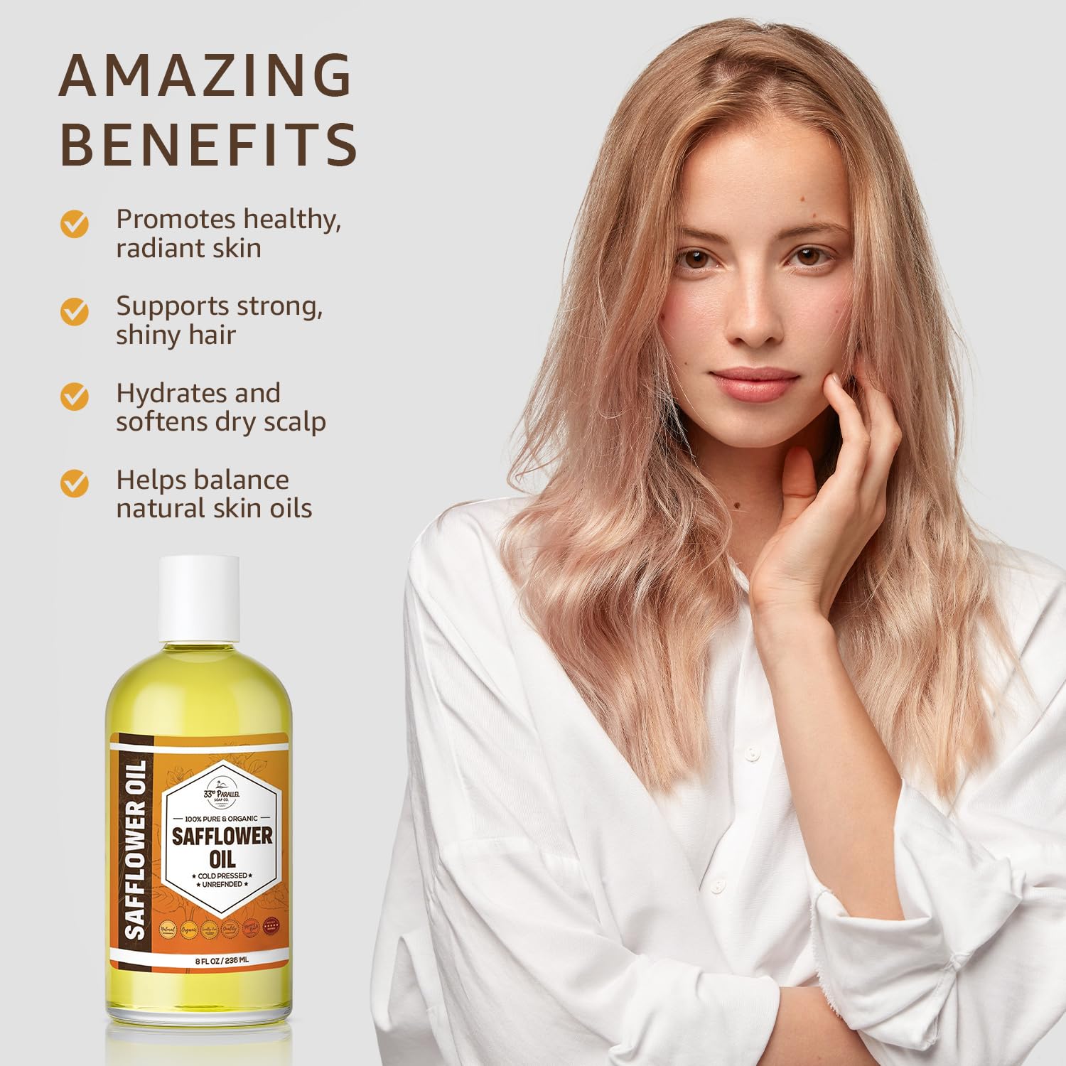 ORGANIC SAFFLOWER OIL (32 oz) Premium Cold Pressed Unrefined High Oleic 100% Pure Safflower Oil for Skin, Face, Hair, Soap Making | Carrier for Essential Oils | Available in Bulk | 32 FL OZ