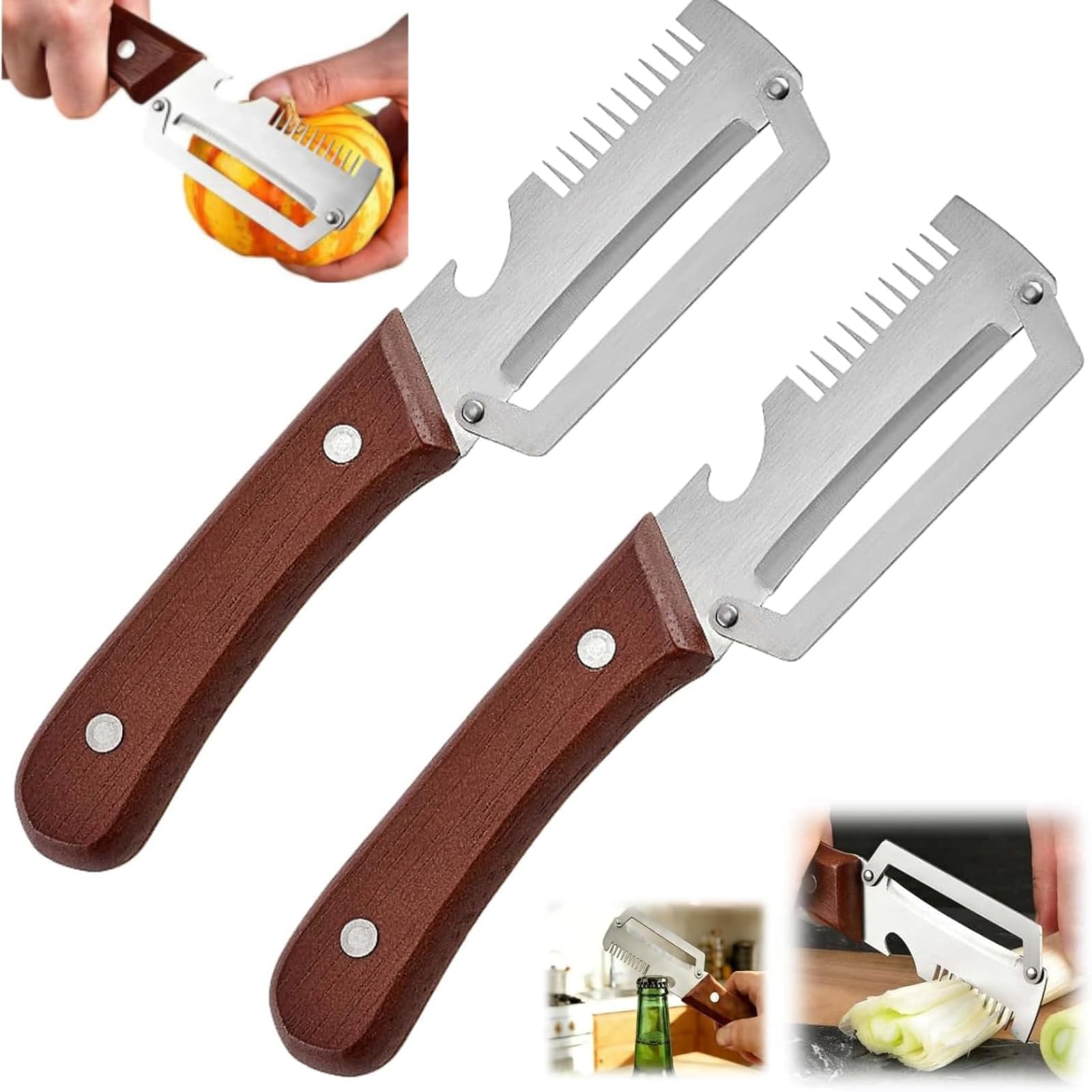 Multifunctional Vegetable Peeler for Kitchen, 2026 New Stainless Steel Peeler with Wooden Handle and Bottle Opener, 3 in 1 Veggie Slicer for Potato Apple Carrot Pumpkin (3in1-Coffee-2pcs)