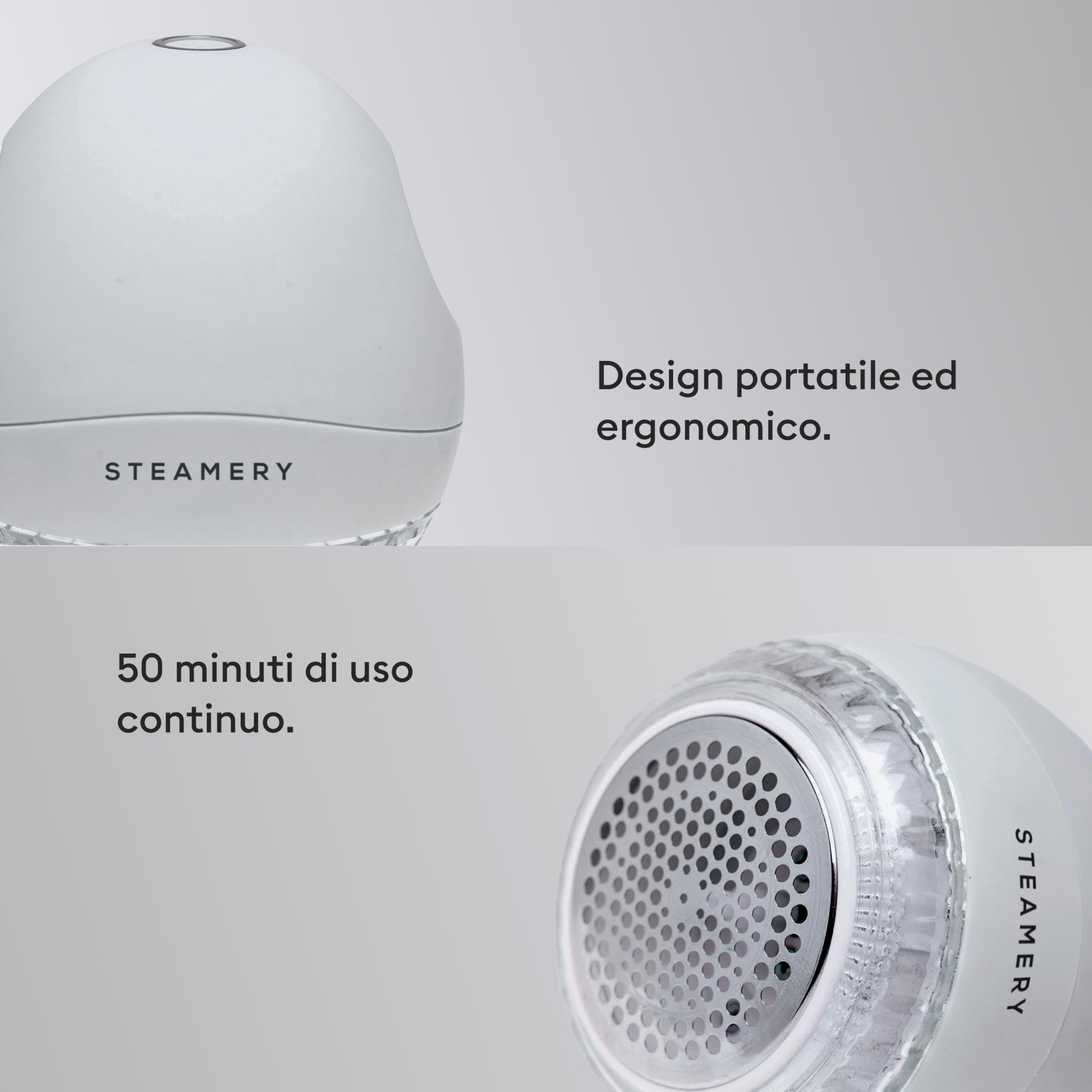 Steamery Levapelucchi Pilo 1, togli pelucchi e lanuggine, 5 W, portatile, ricaricabile, ergonomico, design scandinavo, Grigio