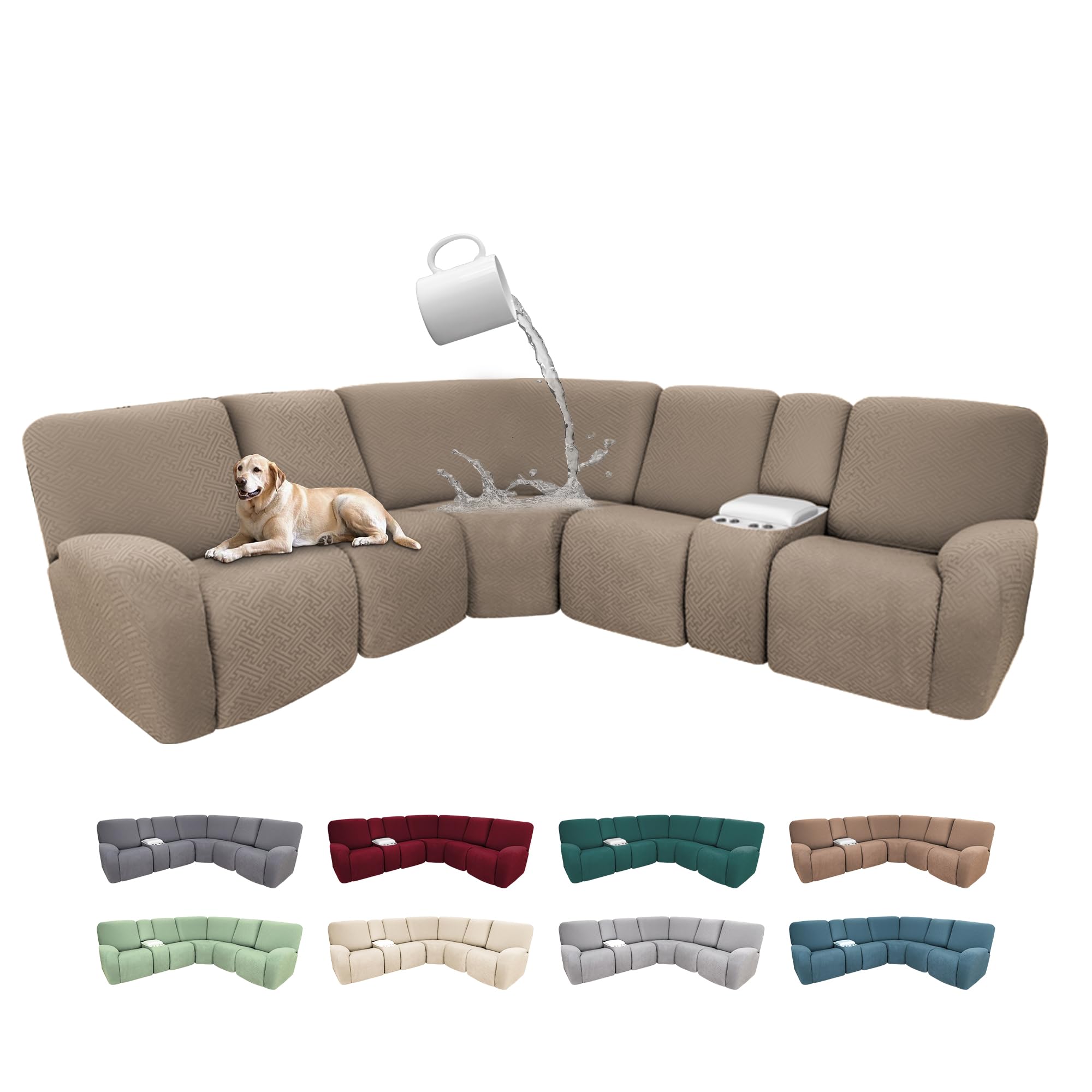Photo 1 of ROFASVCO 100% Waterproof Sectional Recliner Couch Covers for Reclining Couch L Shaped Corner Sectional Sofa Cover Jacquard Stretch L Shape Recliner Slipcovers (5 Seater 1 Console Cover, Khaki)