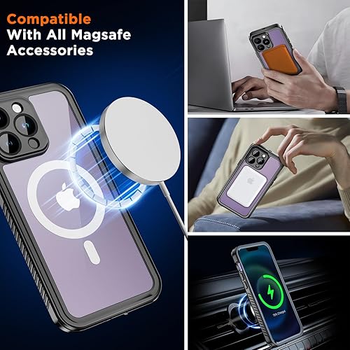 Miniatura 7 de Beasyjoy Funda impermeable para iPhone 14 Pro Max con Magsafe, funda magnética resistente con protector de pantalla integrado, 360 grados de