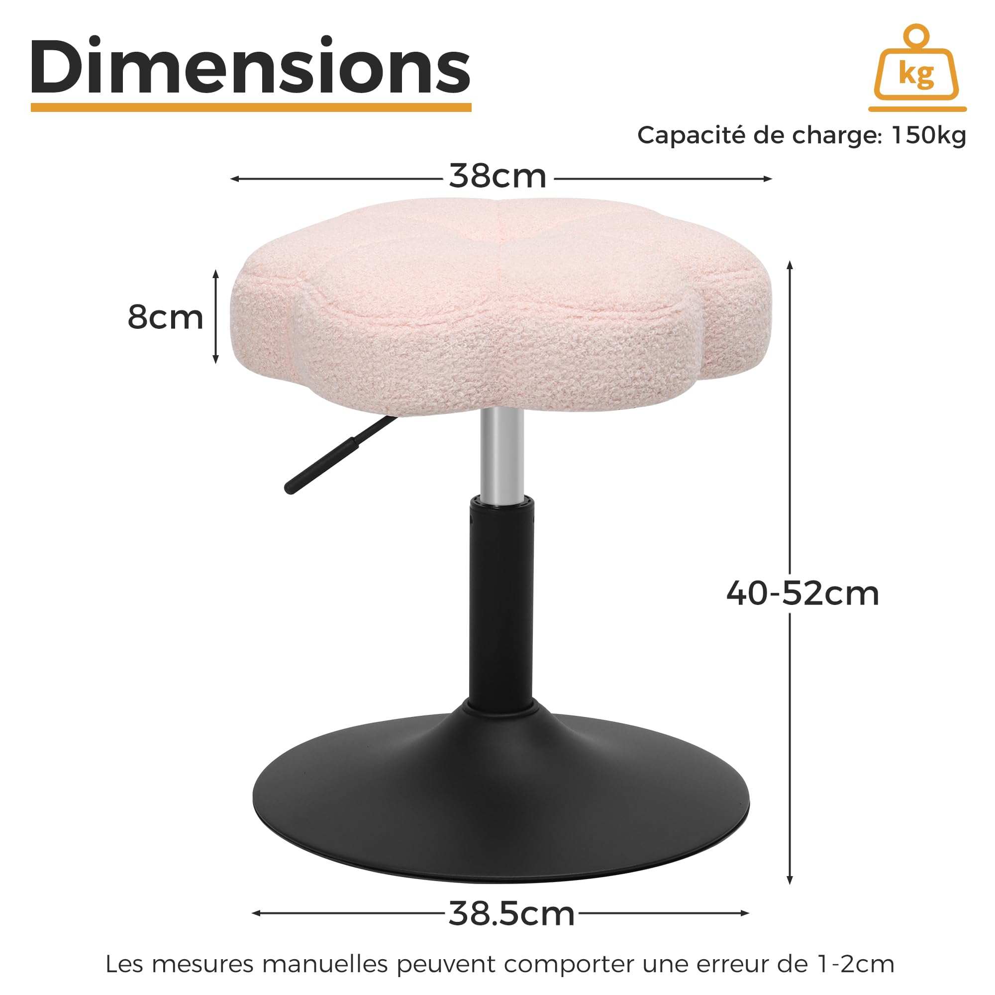 ELUCHANG Tabouret de Coiffeuse, Chaise de Maquillage, Rose Sherpa Tabouret en Forme de Pétale pour Chambre à Coucher, Salon, Bureau à Domicile, 360° Pivotant & Réglable en Hauteur