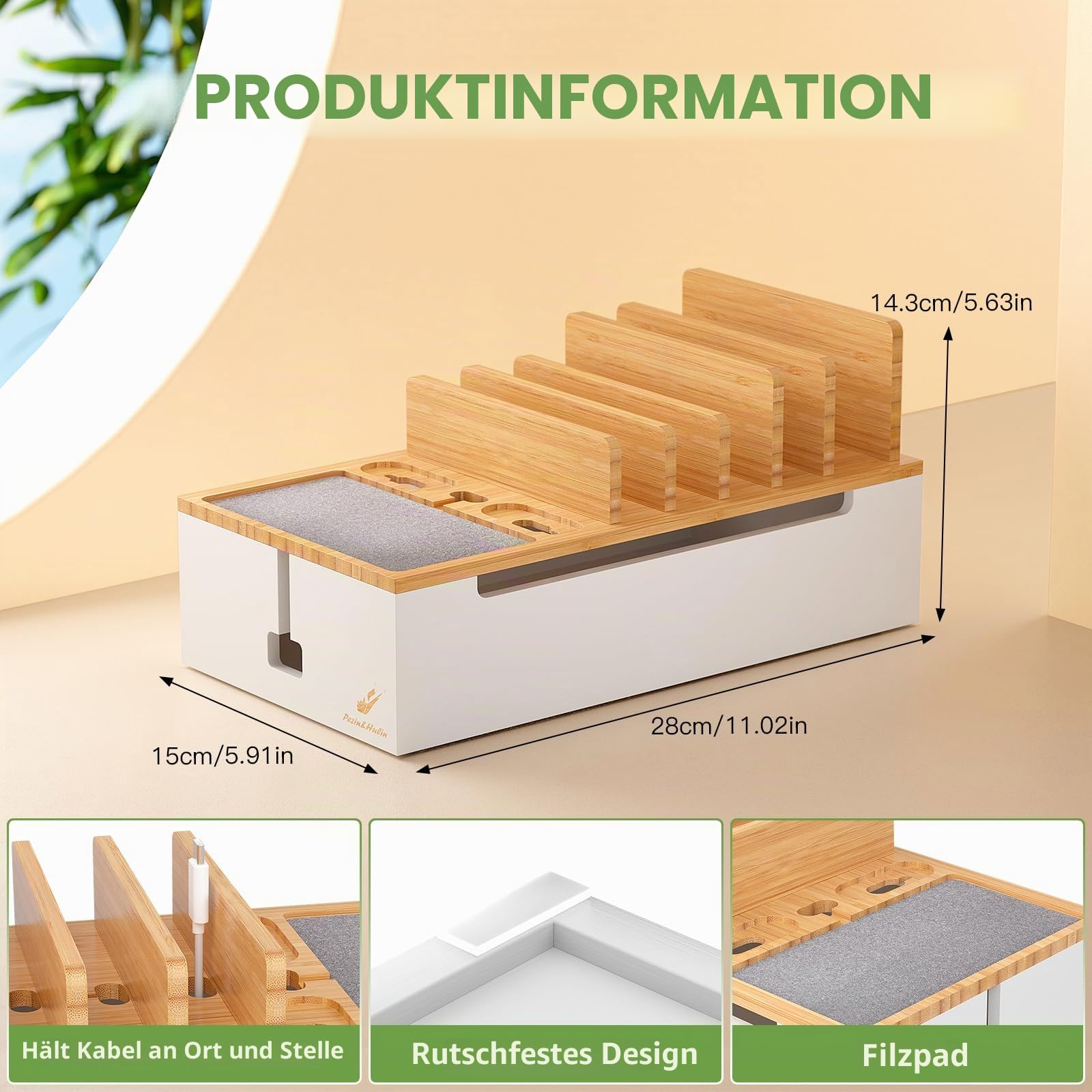Pezin & Hulin Bambus-Kabel-Management-Box, Draht-Organizer für Kabel, Ladestation, Desktop-Dock-Organizer-Rack für elektronische Geräte (inkl. 6 Kabel) (ohne Netzadapter) – Natur + Weiß