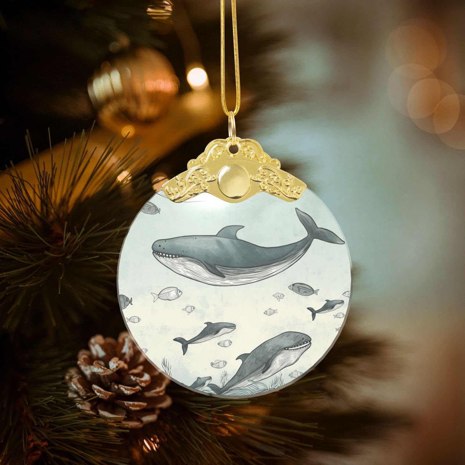 Crystal Christmas Ornaments for Christmas Tree Decoration Hanging Baleen Whale Ornament with Gold Ribbon Crafts Round Pendant for Keepsake Gifts Glass Xmas Decor Party Supplies