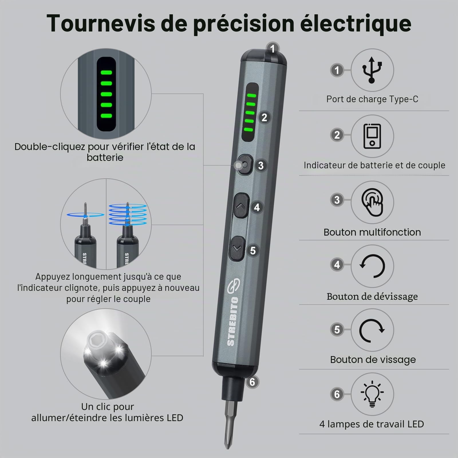 STREBITO Tournevis Électrique Mini, 70 en 1 Sans Fil - 64 Embouts de Précision S2, 5 Réglages de Couple, 4 Lampes LED, Mini Kit de Réparation pour Portable, PC, RC et Électronique
