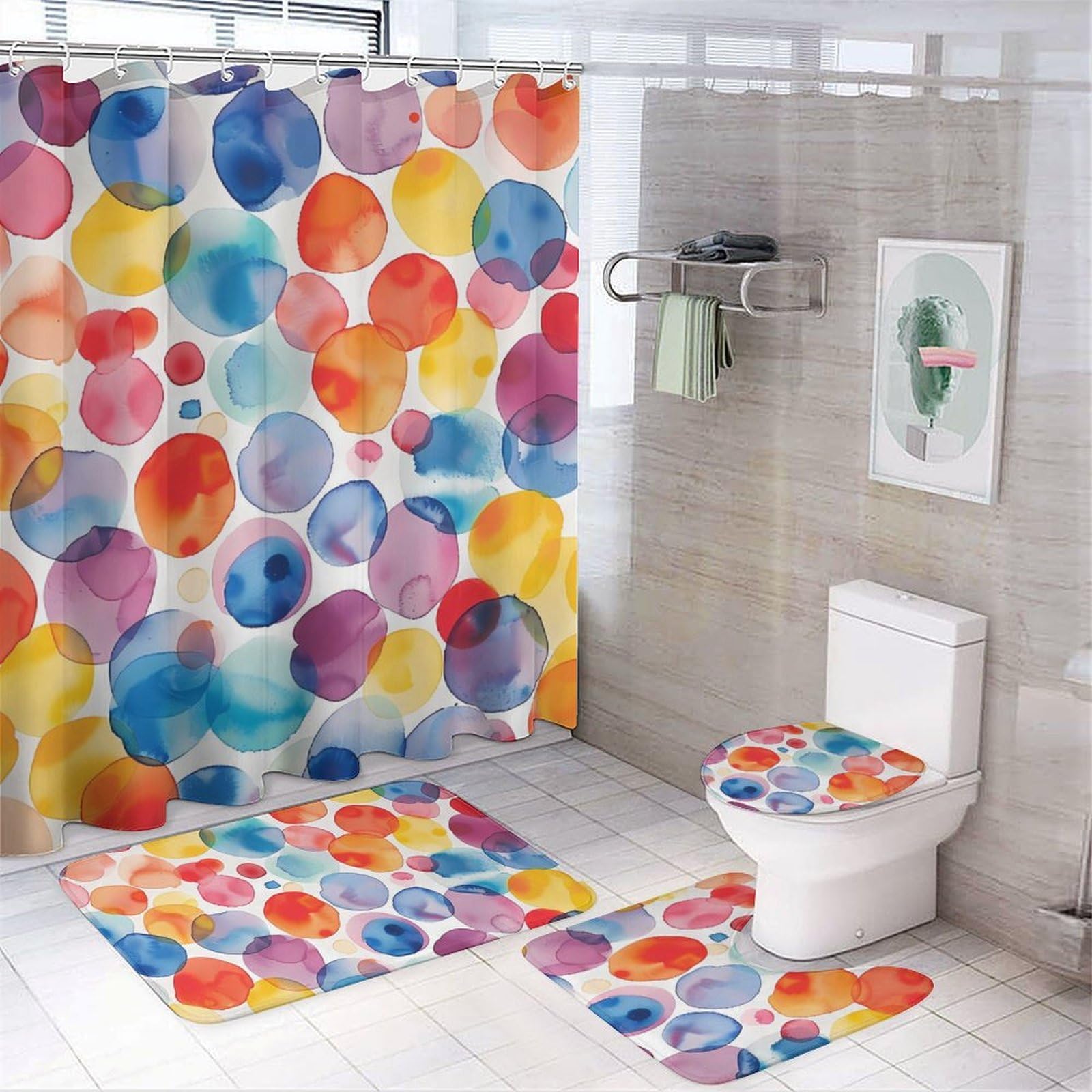 CGSBNGHA Watercolor Colourful Spot Shower Curtain Set 4 Piece Bathroom Sets with Rugs Toilet Lid Cover And U-Shaped Floor Mat