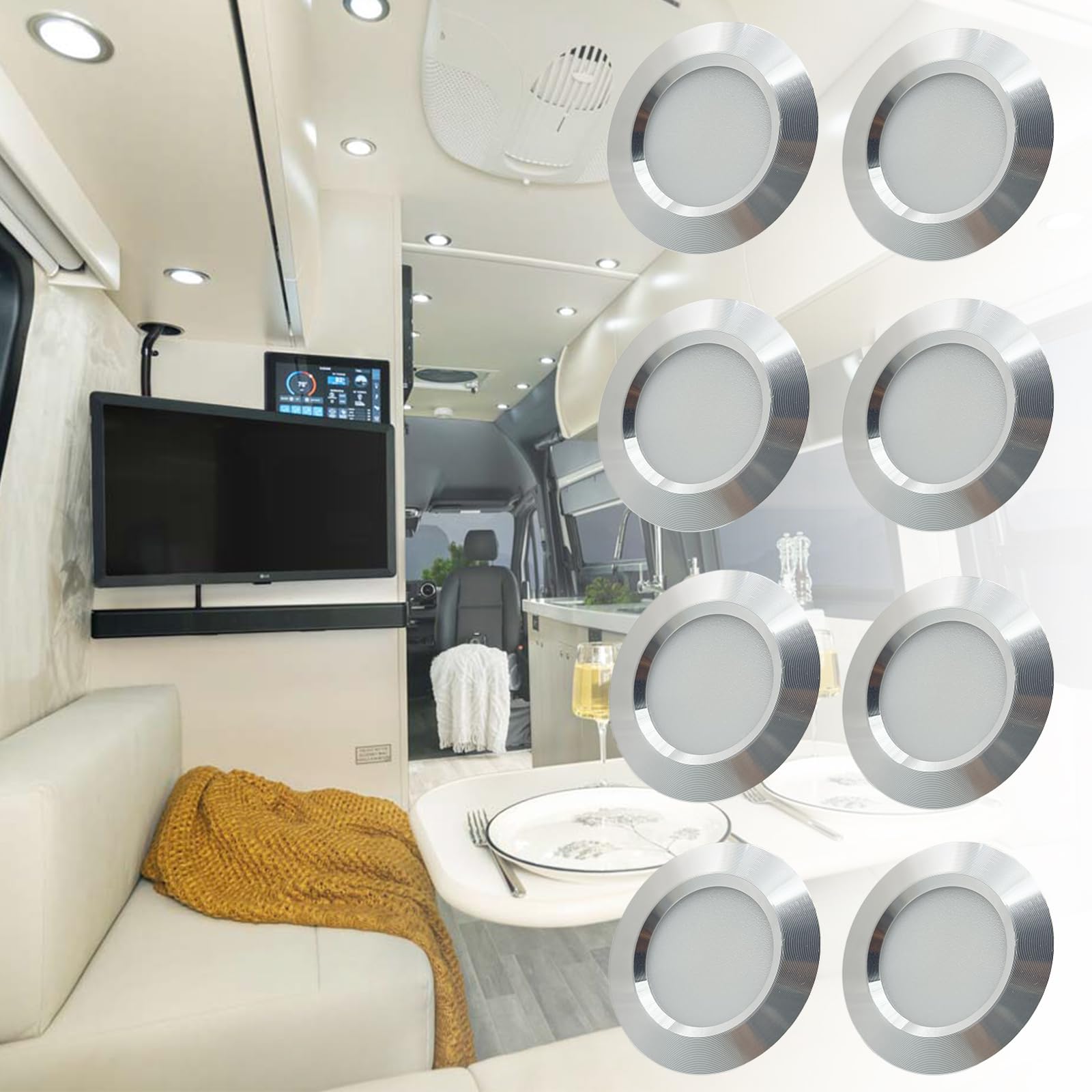 12V Campervan Encastré LED Mont Plafond Lumières Dimmable Lumières Tache 3W 6000K Lumière Blanche Pour T4 T5 Caravane Bateau Yacht Caravane Cabine Sous CRI 92+ 8 Pièces Argenté