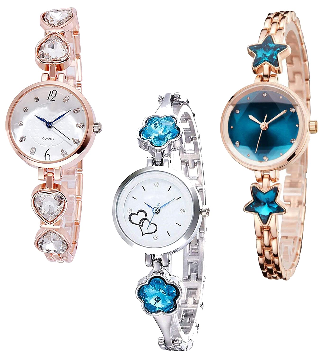 WANTON Rosegold and Silver color stylish flower star and heart shaped diamond watch combo of 3 for women-(PO3).(P_C_B_9101) (Multi) (B0C1ZT77JH) Amazon Price History, Amazon Price Tracker