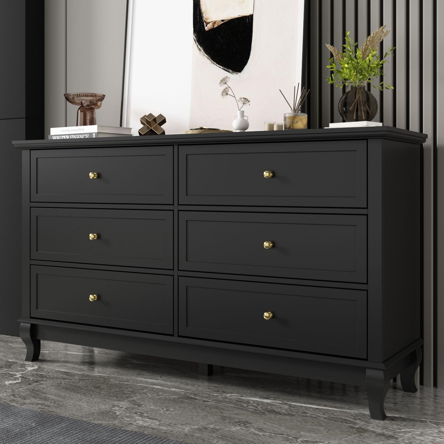 MOUMON Chest of Drawers 6 Drawer Dresser Wood Dresser, Storage Chest 6-Drawer Chest, Metal Gold Handles, Wooden Legs, for Bedroom, Black (55.1"W x 15.7"D x 31.4"H)