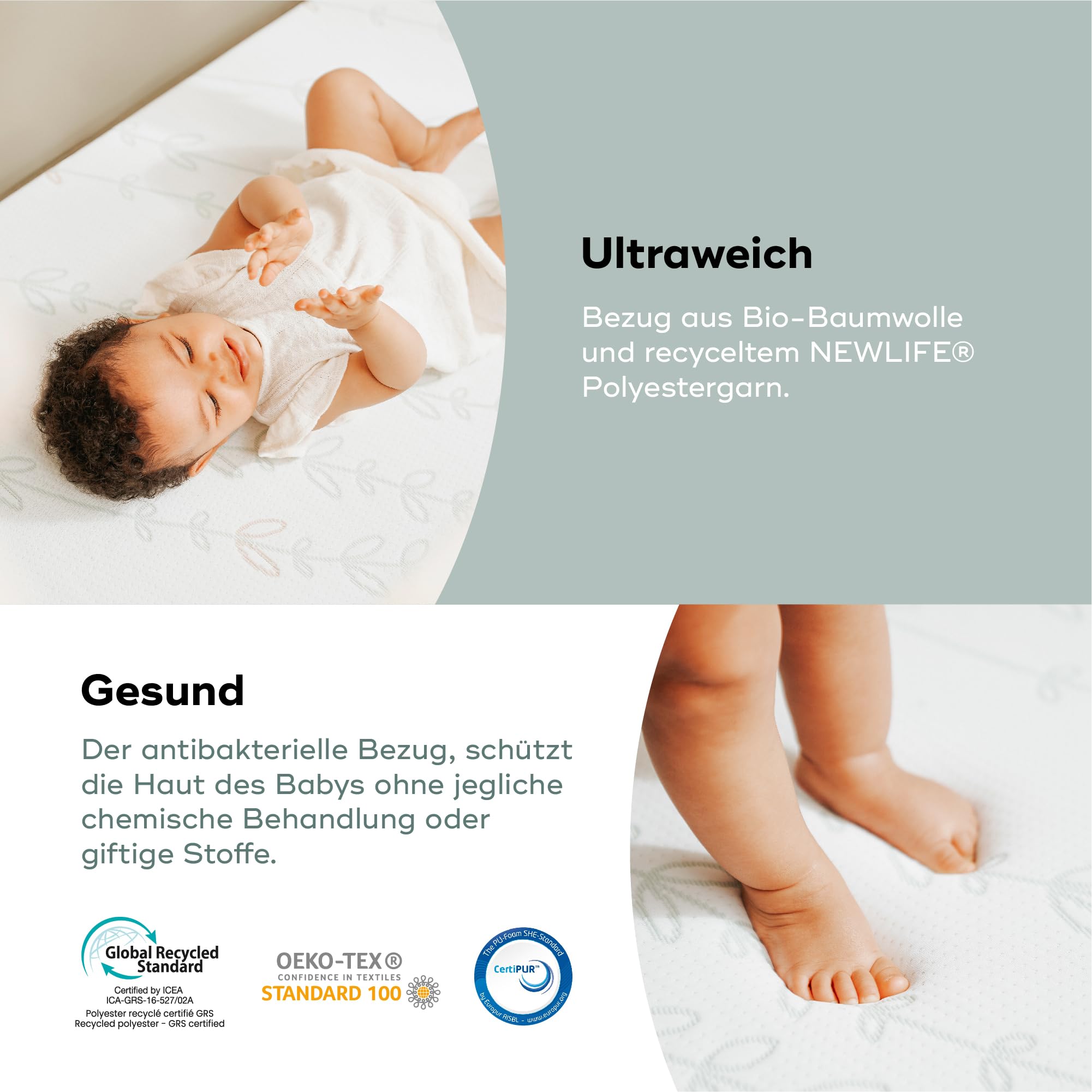 Babymoov Cosy'Lite Babymatratze Antibacterial 70x140 cm - keine chemische Behandlung - Dicke 10 cm - Made in Portugal - Abnehmbarer Bezug - Öko-Tex zertifiziert