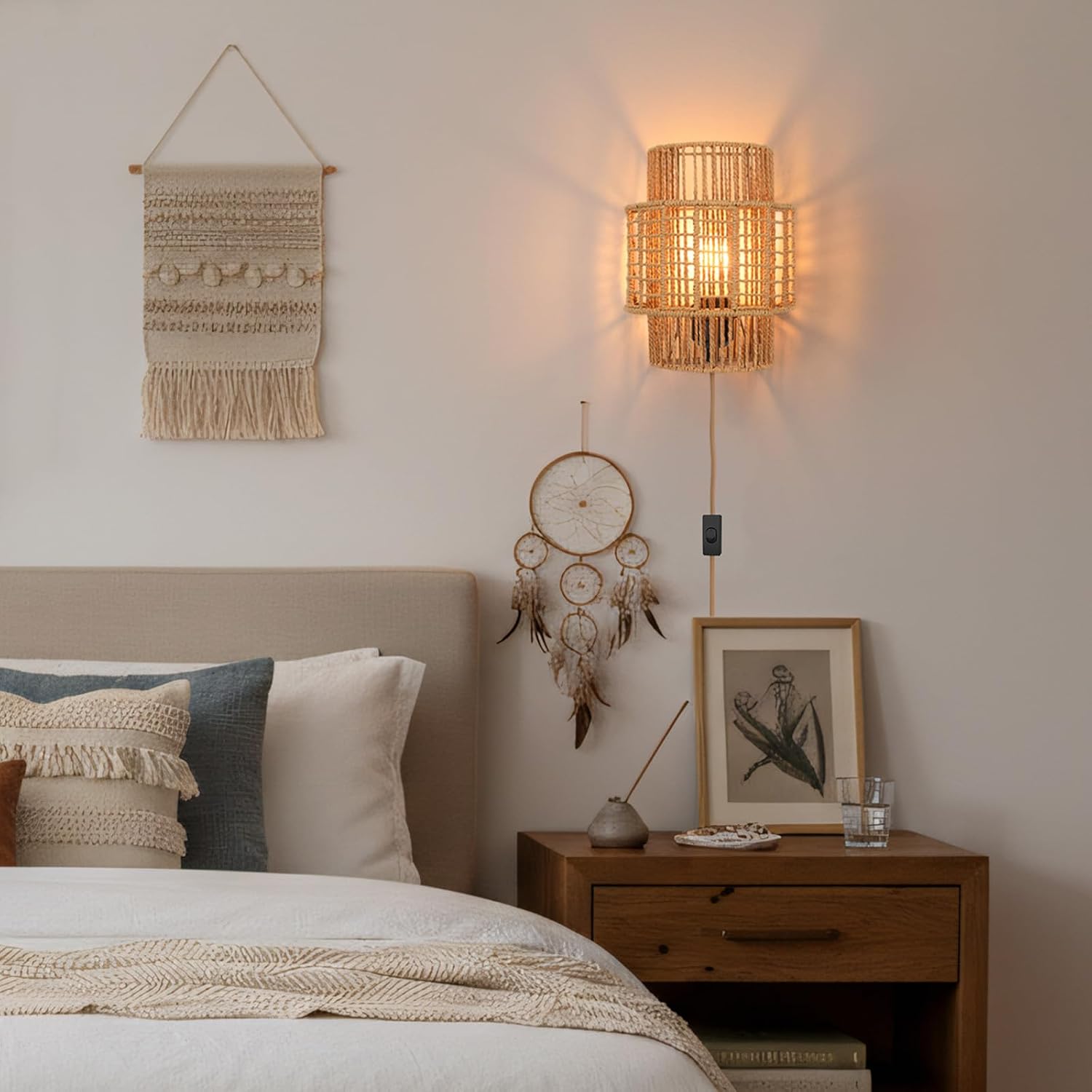 Plug-in Boho Wall Sconces Set of 2, Handwoven Rattan Wall Lights with On/Off Switch, Bohemian Light Fixtures for Bedroom, Living Room