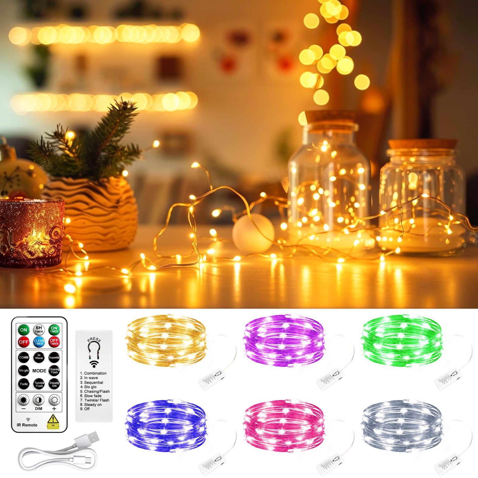 SINAMER 6 Pack Rechargeable Fairy Lights with Remote & DIY Timer, 7ft 20LED Dimmable Silver Wire String Light for Mason Jar, Mini Twinkle Lights for Indoor Christmas Bedroom Wedding Decor, Multicolor โ image 1