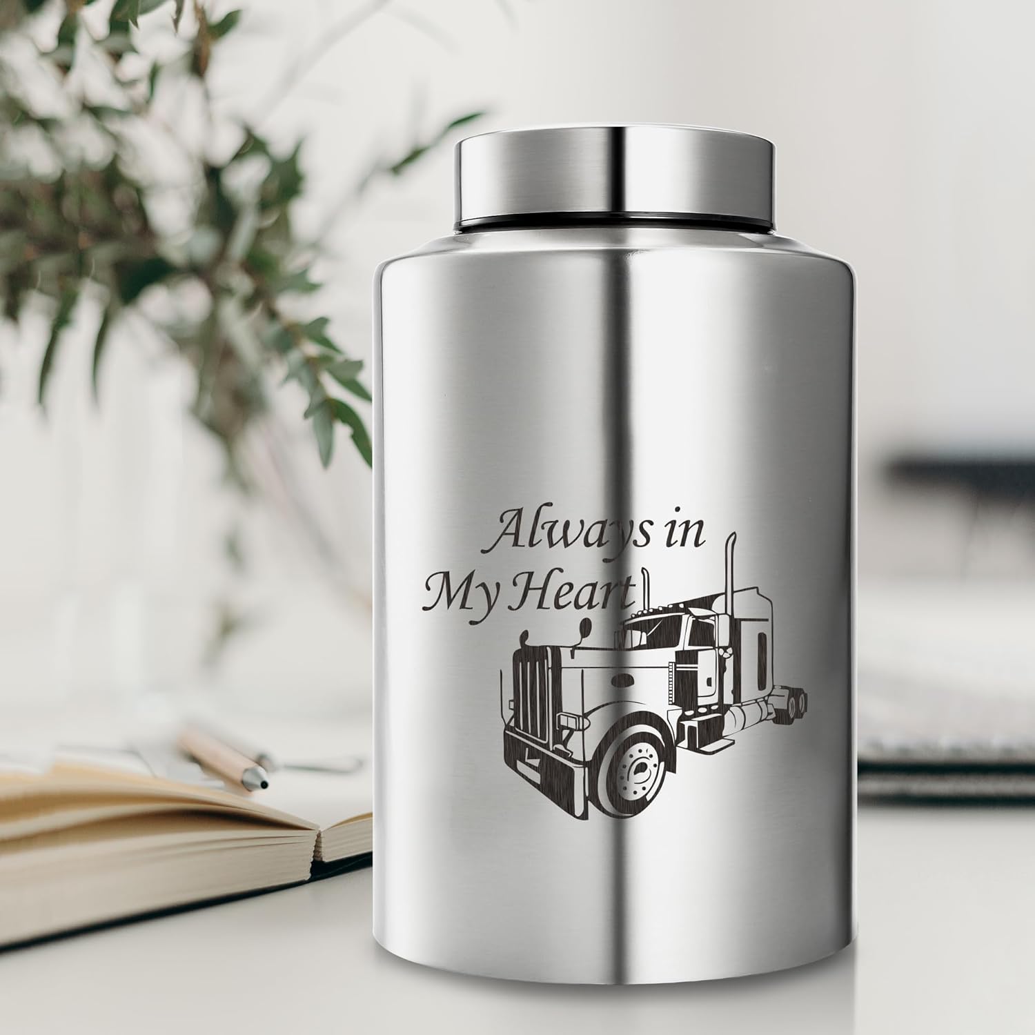 Truck Cremation Urn Large Urns for Human Ashes Always in My Heart Decorative Urn Funeral Urn Memorial Urn Large Keepsake Urn up to 220 lbs (Silver)