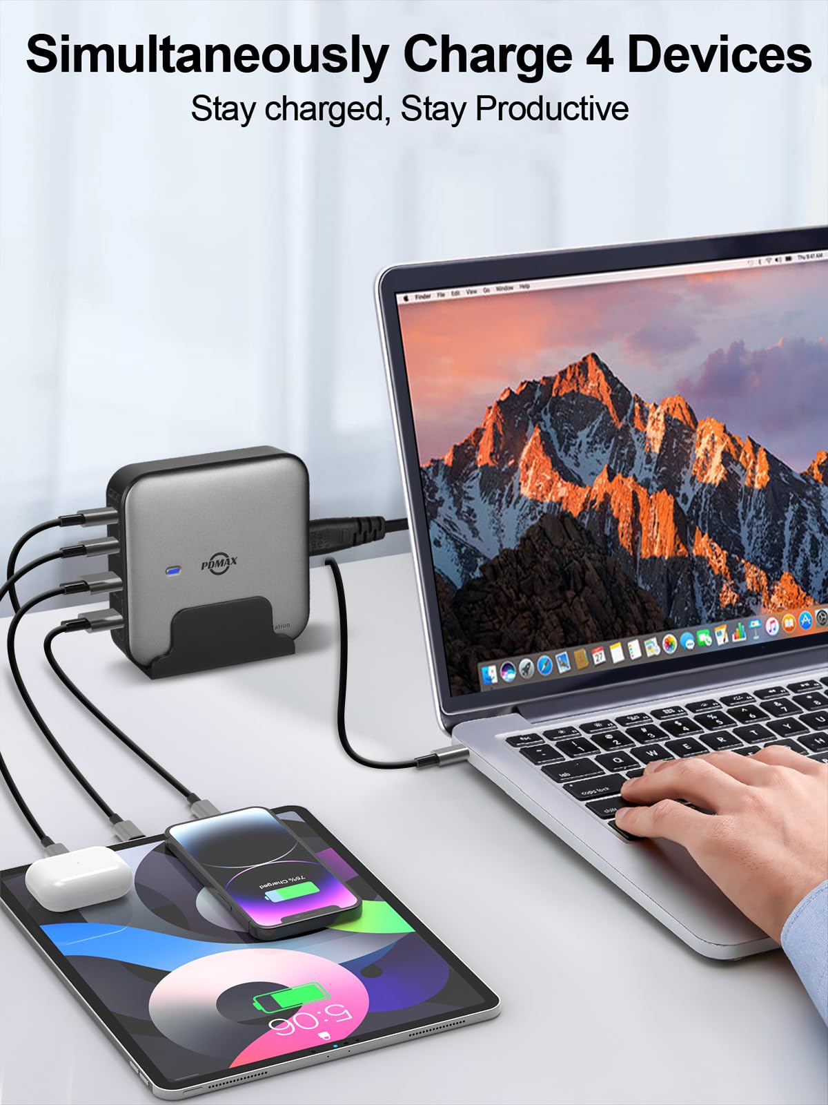 PDMAX 4 Port USB C Charger - 100W USB Charging Hub, GaN Multiport Charging Station, USB-C Fast Power Adapter, Charger Block Compatible with MacBook Pro/Air, iPhone 16/15/14/13, Pixel 9/8/7, S24/23/22