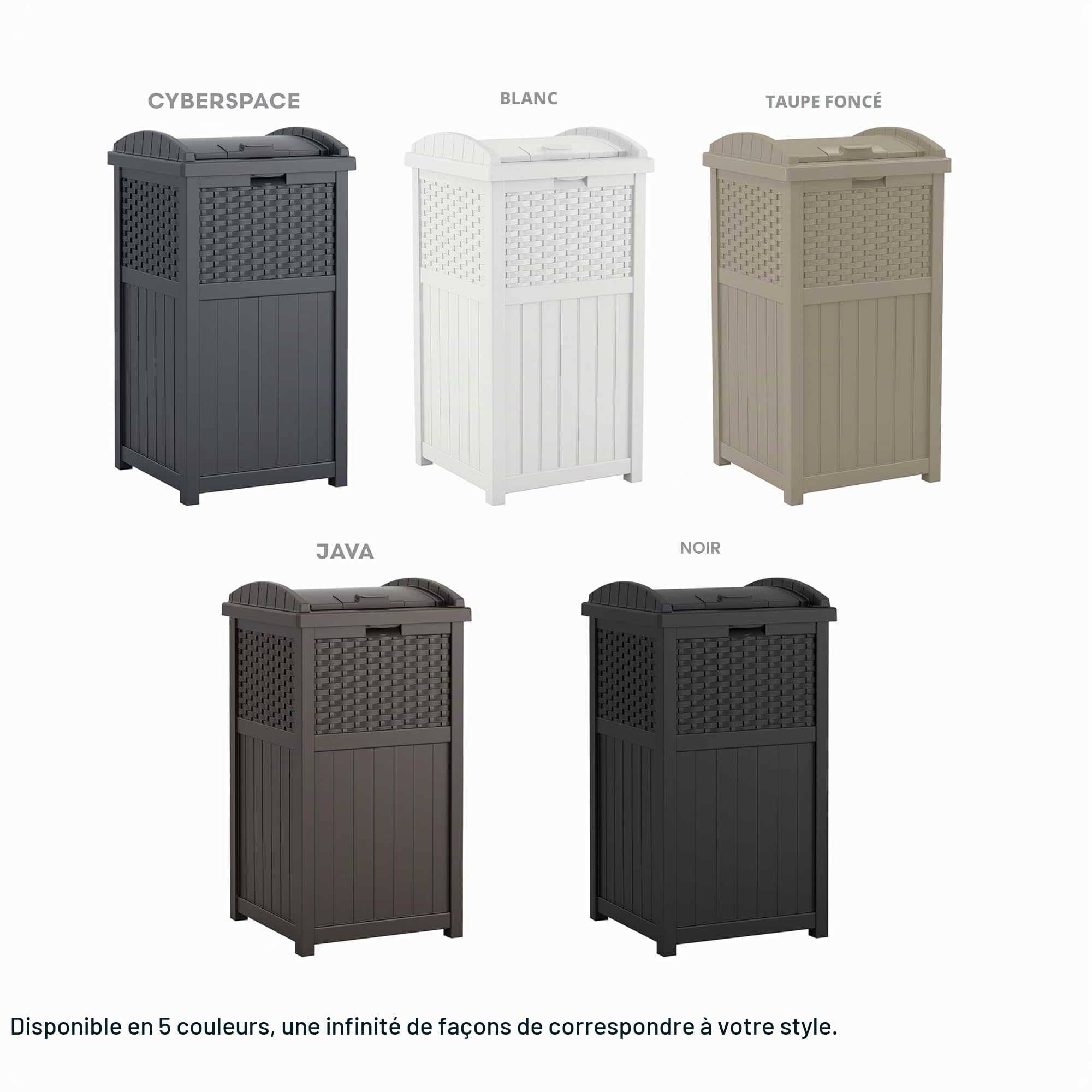 Suncast Poubelle cachée de style osier avec couvercle à verrouillage sécurisé et construction résistante aux intempéries pour terrasse, fabriquée aux États-Unis, 125 L, gris (Cyberspace Grey)