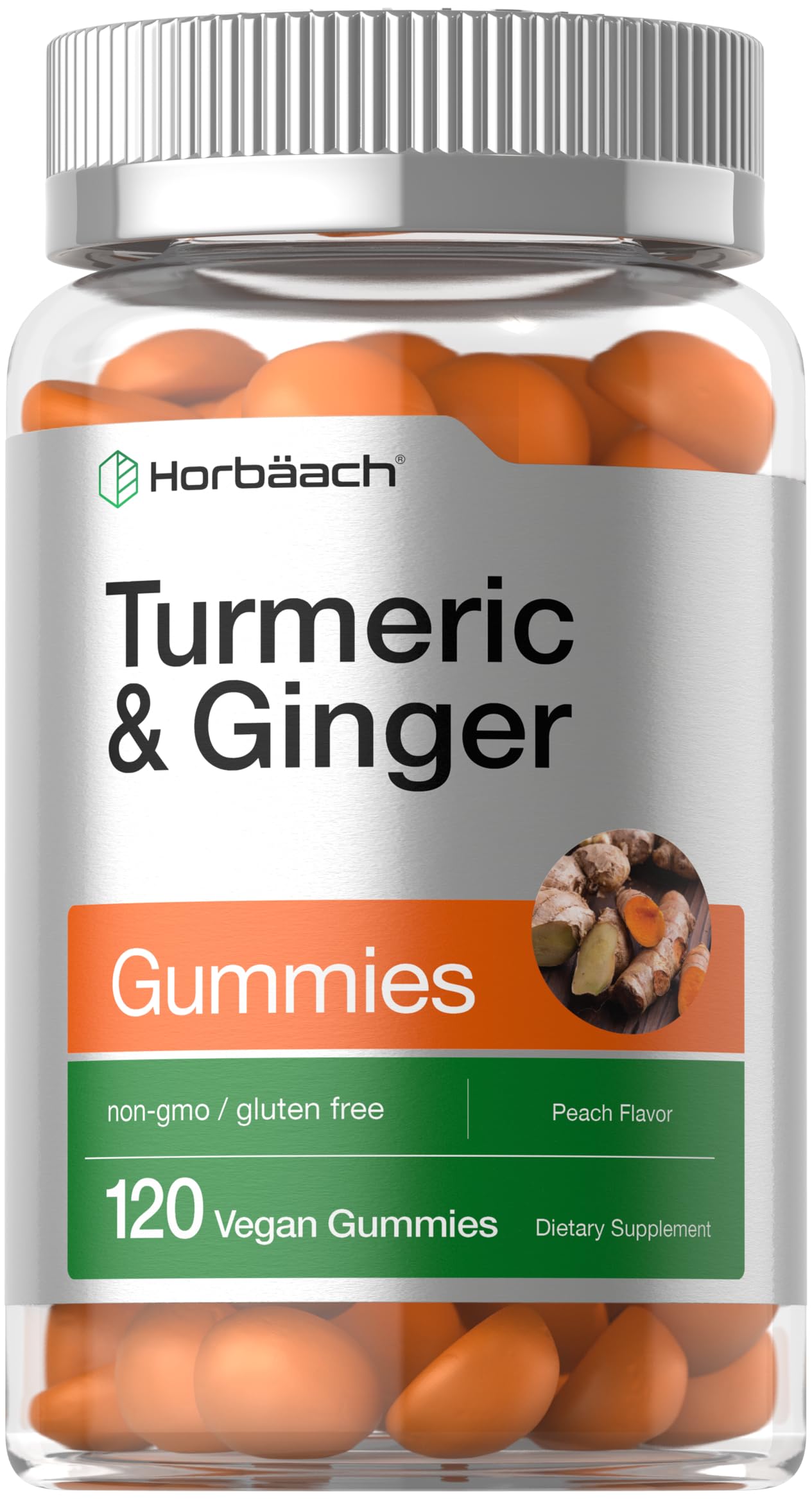Horbäach Turmeric and Ginger Gummies | 120 Count | Peach Flavor