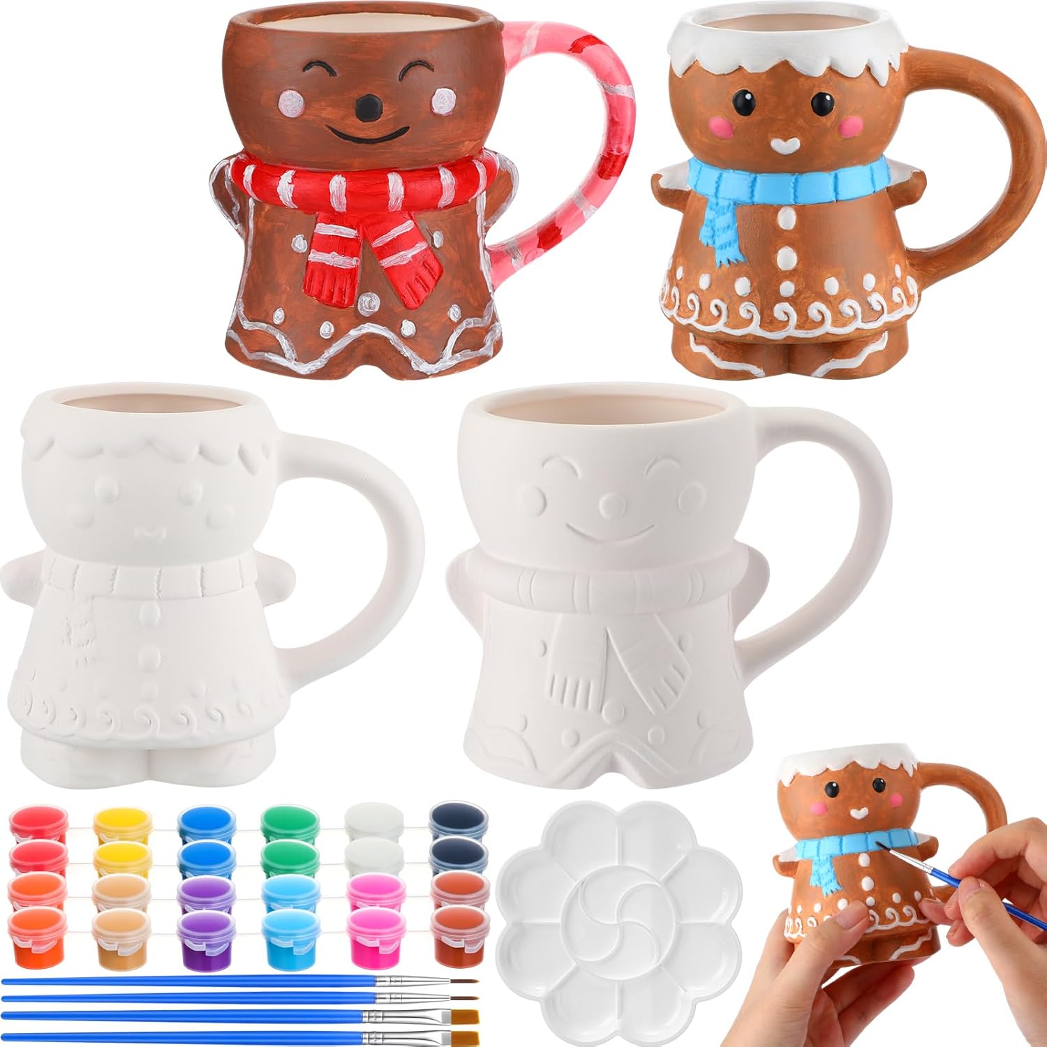 Zubebe 4 Sets Christmas Paint Your Own Mugs Craft Kit, Xmas Ceramic to Paint, Christmas Gingerbread Man DIY Mugs for Adults, Festive Coffee Tea Cup with Painting Set for Family Xmas Craft Office Gift
