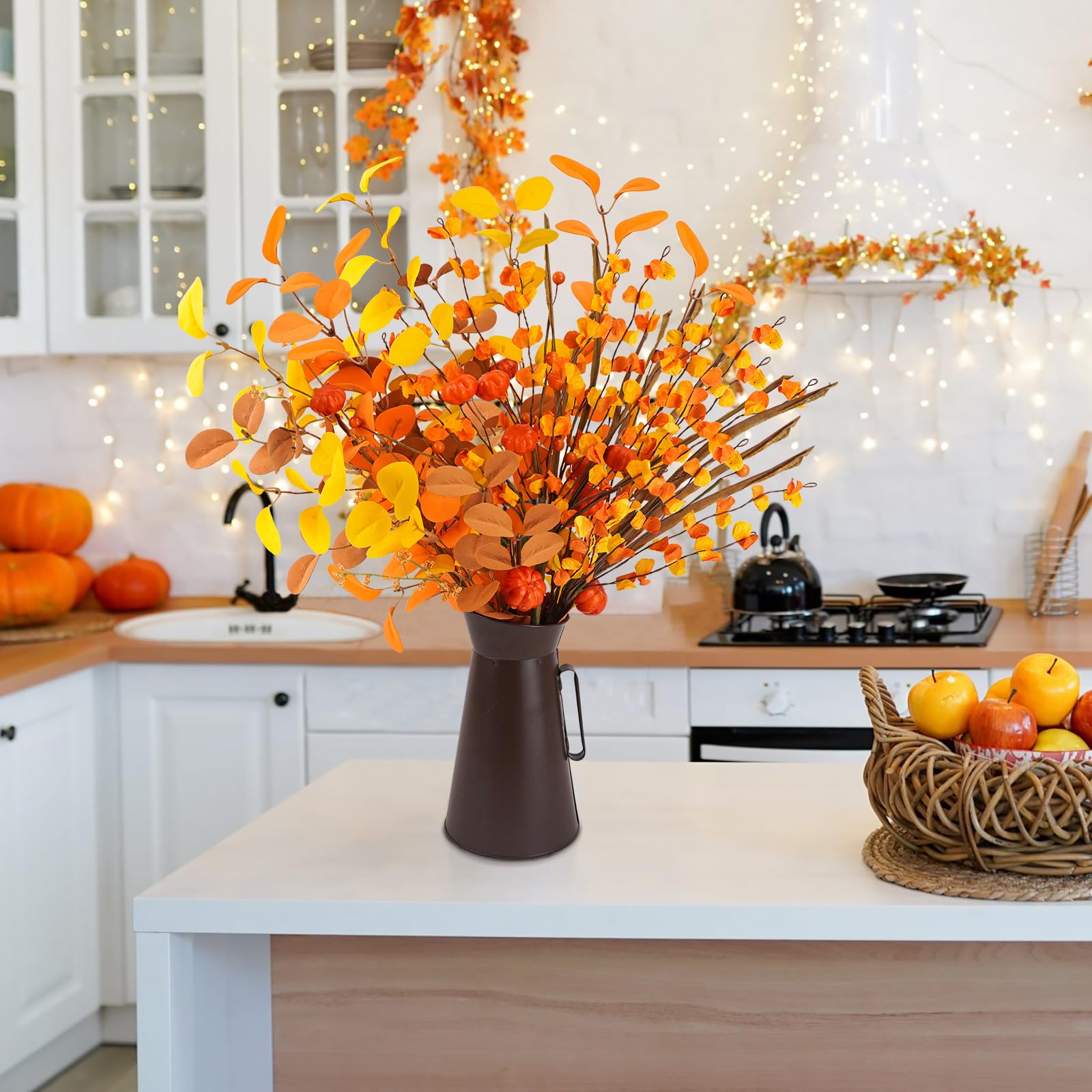 Agusbagli Artificial Fall Flowers with Metal Pot, 22.5" Farmhouse Fall Pumpkin Arrangement with Eucalyptus Leaves Fake Fall Plants Autumn Flowers in Vase for Table Centerpieces Harvest Home Decor