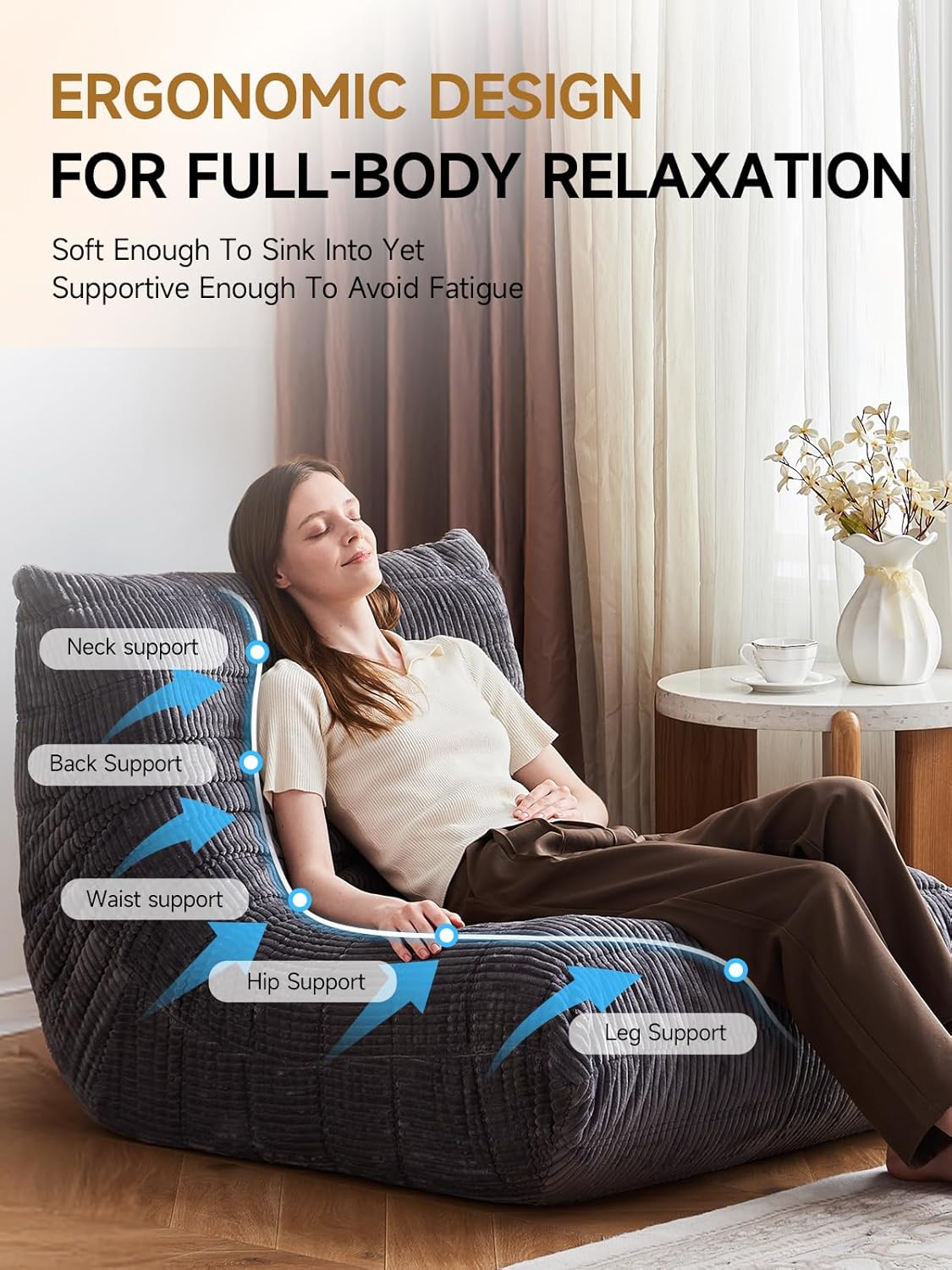 ZCUBED Large Bean Bag Chairs for Adults, Memory Foam Lounge Chair, Soft Corduroy Big Bean Bag Chair Lazy Sofa, Comfy Floor Beanbag Chair Single Sofa for Bedroom Living Room Fireside Book Nook, Grey