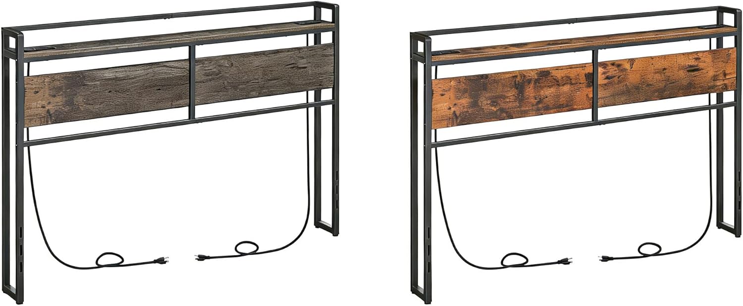 HOOBRO Headboard Queen Size and King Headboard with Charging Station Bundle, Adjustable Height, Storage Rack, Black and Rustic Brown