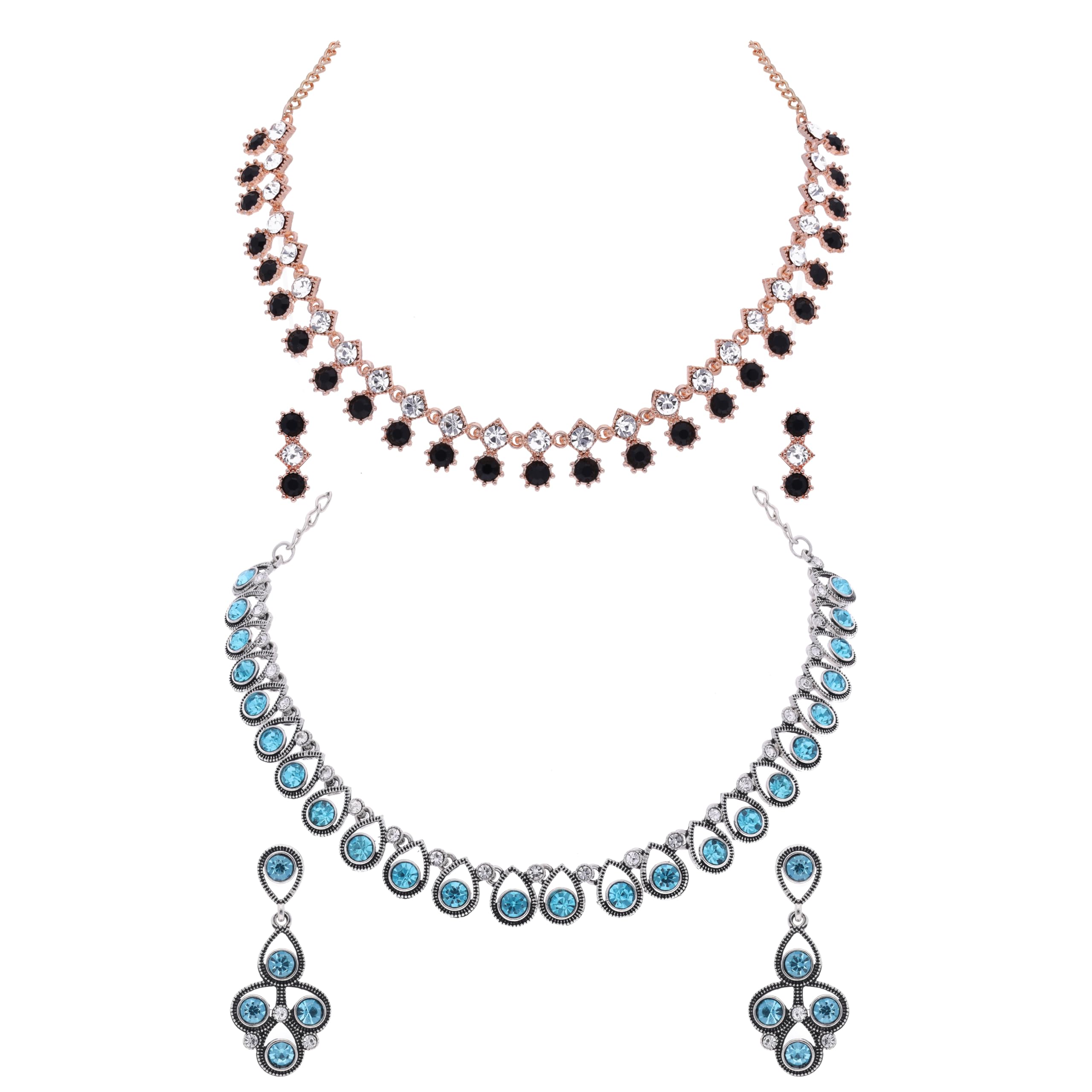 Brado Jewellery Pack of 2 Oxidised Silver and Rosegold Polished AD Studded Necklace with 1 pair of Earring Choker Jewelry set for Women and Girls (B0CKVDLF6W) Amazon Price History, Amazon Price Tracker