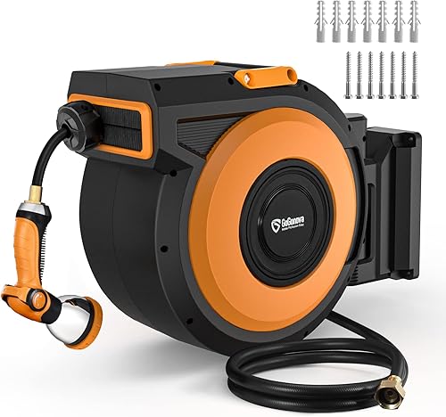 GoGonova Carrete retráctil de manguera de jardín de 100 pies x 12 pulgadas, carrete de manguera de agua resistente montado en la pared con boquilla