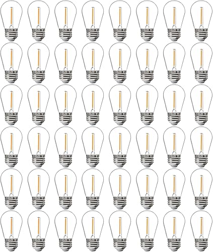 FLSNT Paquete de 48 bombillas LED S14 de repuesto para cadena de luz, bombillas LED impermeables para exteriores, base E26, 2200 K blanco cálido, no