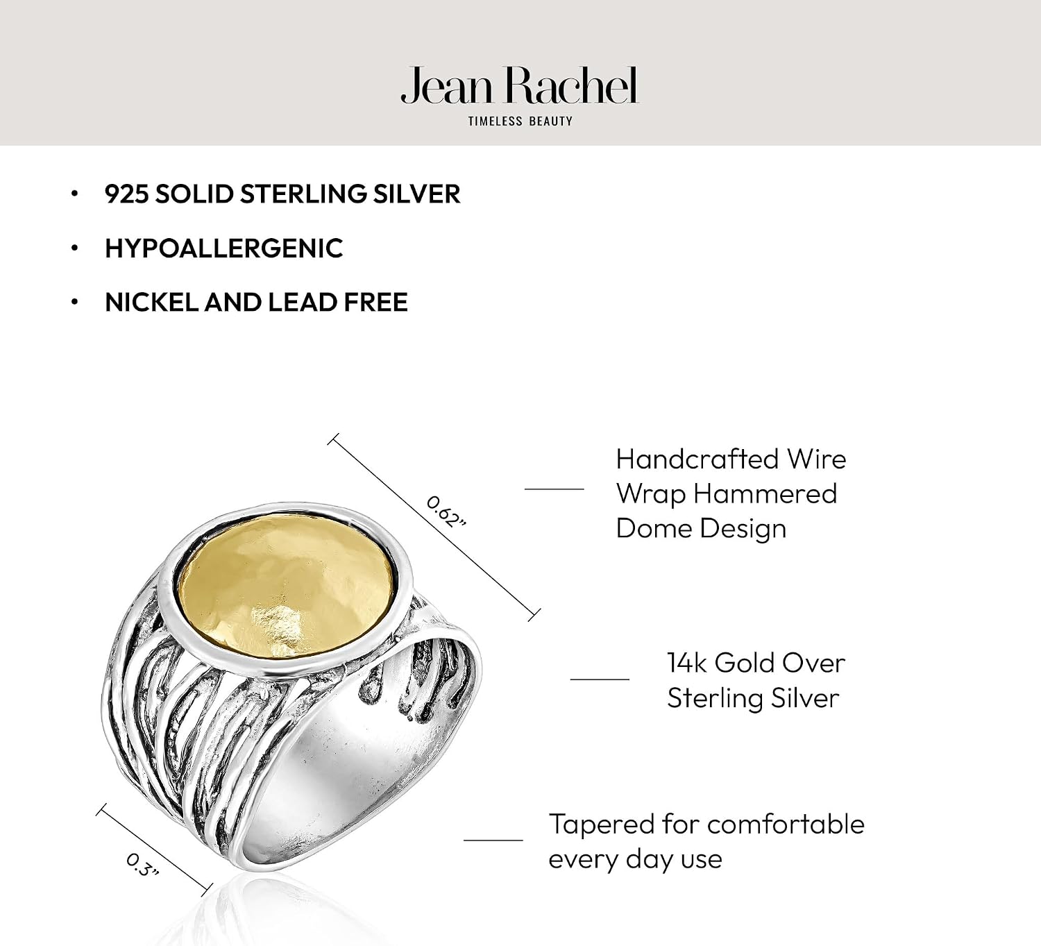 JEAN RACHEL JEWELRY 925 Sterling Silver Mixed Metal Shield Ring, Two-Tone Wide Multi-Strand Textured Statement Band for Women