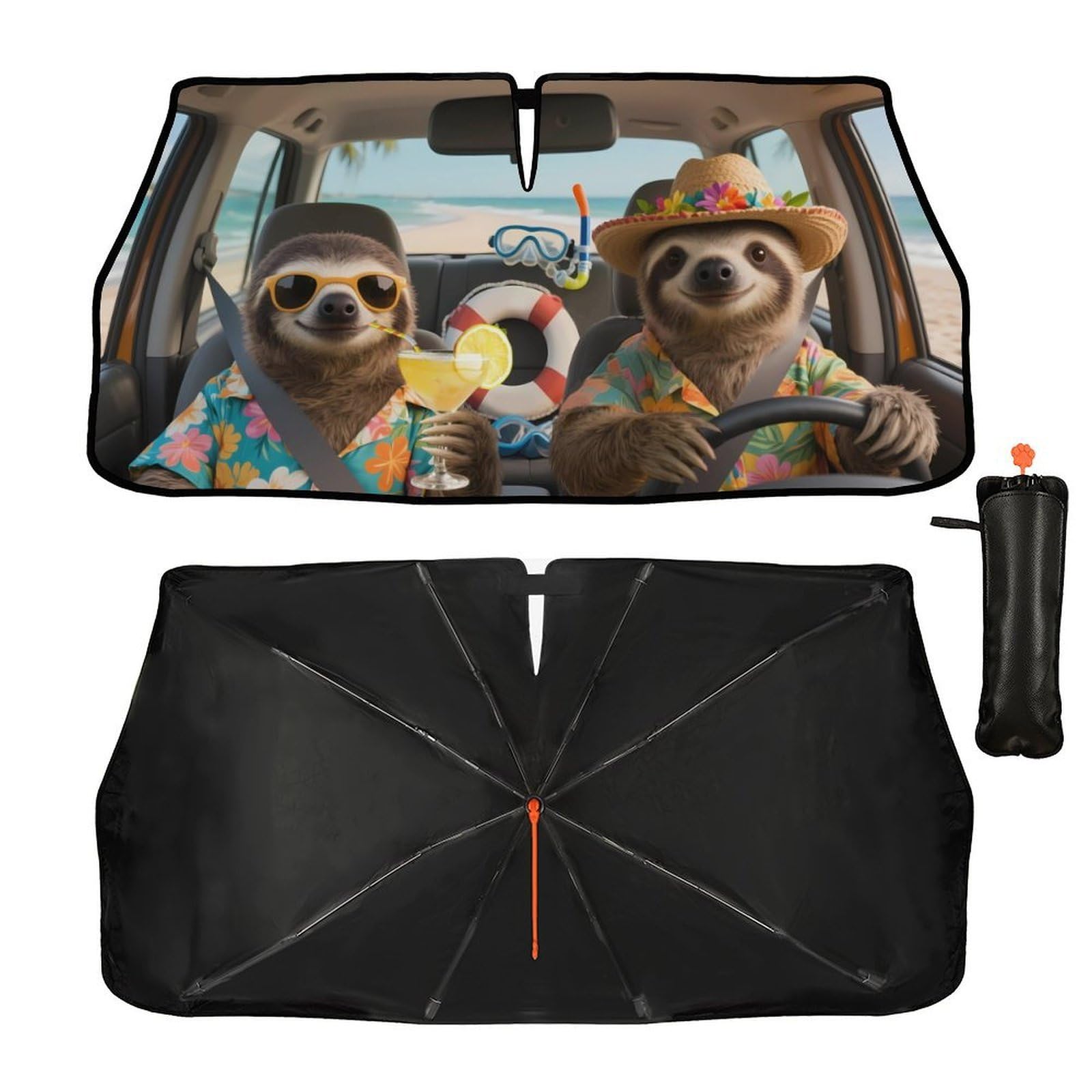 Ombrello parasole per parabrezza dell'auto, con motivo bradipo divertente, con manico pieghevole, con stampa animalier, per auto, blocca i raggi UV, mantiene il veicolo fresco, per la maggior