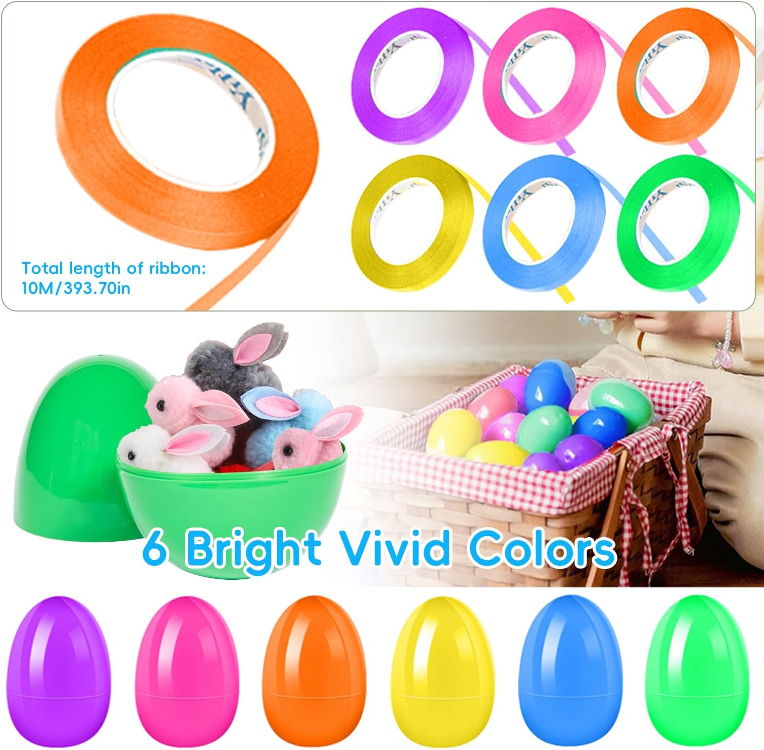 48 Pack Easter Eggs Fillers with Easter Bunny Plush and Ribbons, Prefilled Easter Eggs Stuffers Easter Hanging Decor for Basket Surprise Bunny Animal