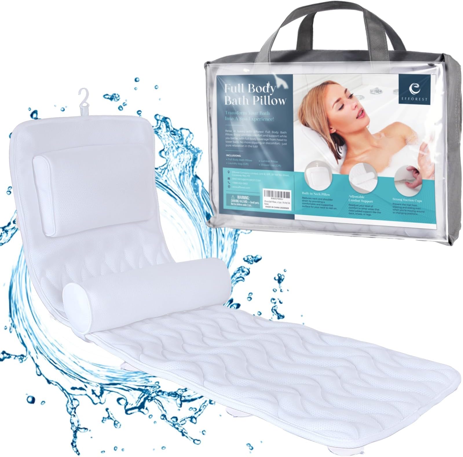 Efforest Bath Pillows for Tub Neck and Back Support | Full Body Bath Pillow with Headrest | Bath Cushion Lumber Pillow for Shower | Spa Bathtub Pillow with Non-Slip Suction Cups | Fits Any Tub