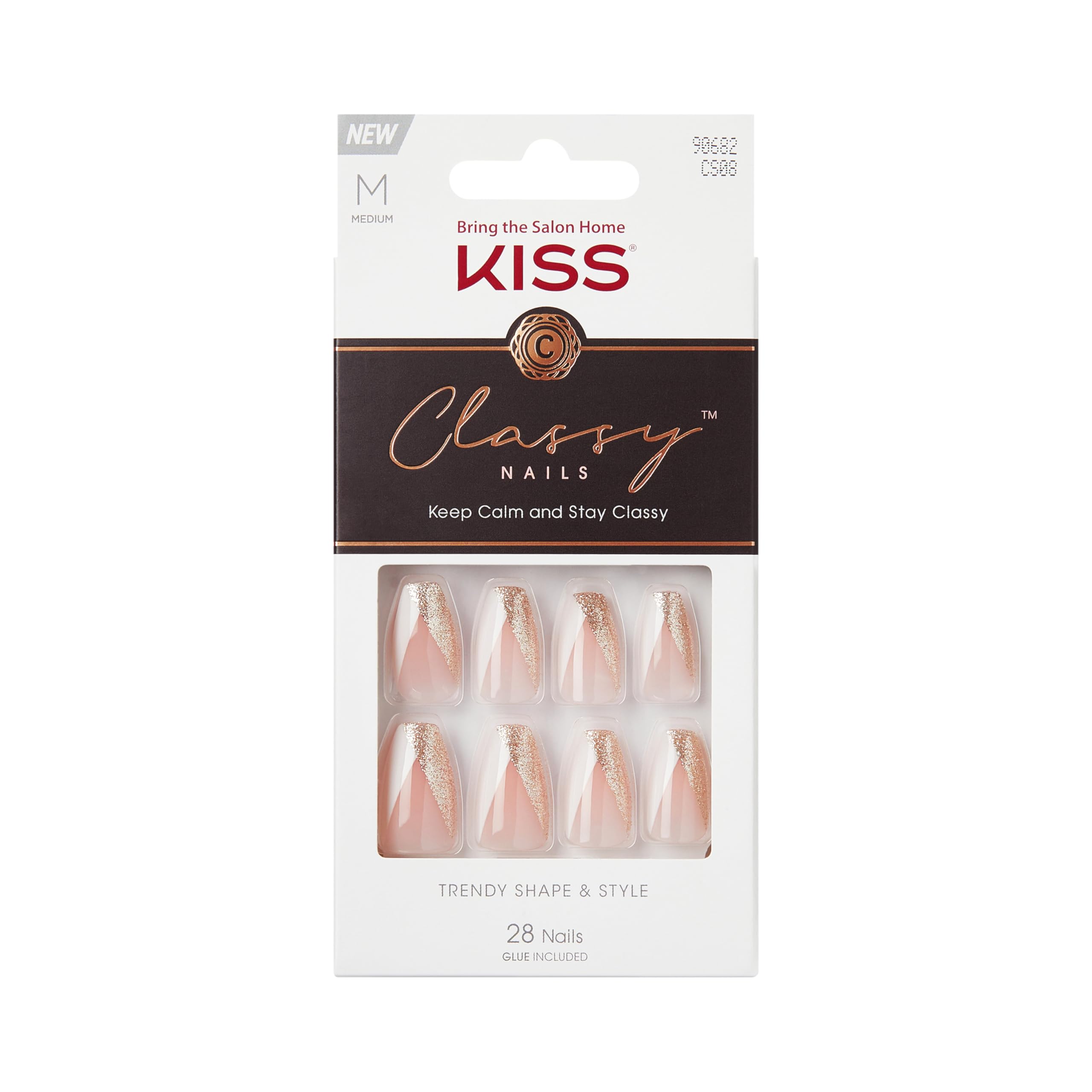 KISS Classy, Press On Nails, Nail glue included, 'The BOSS', Silver, Medium Size, Coffin Shape, Includes 28 Nails, 2g Glue, 1 Manicure Stick, 1 Mini file