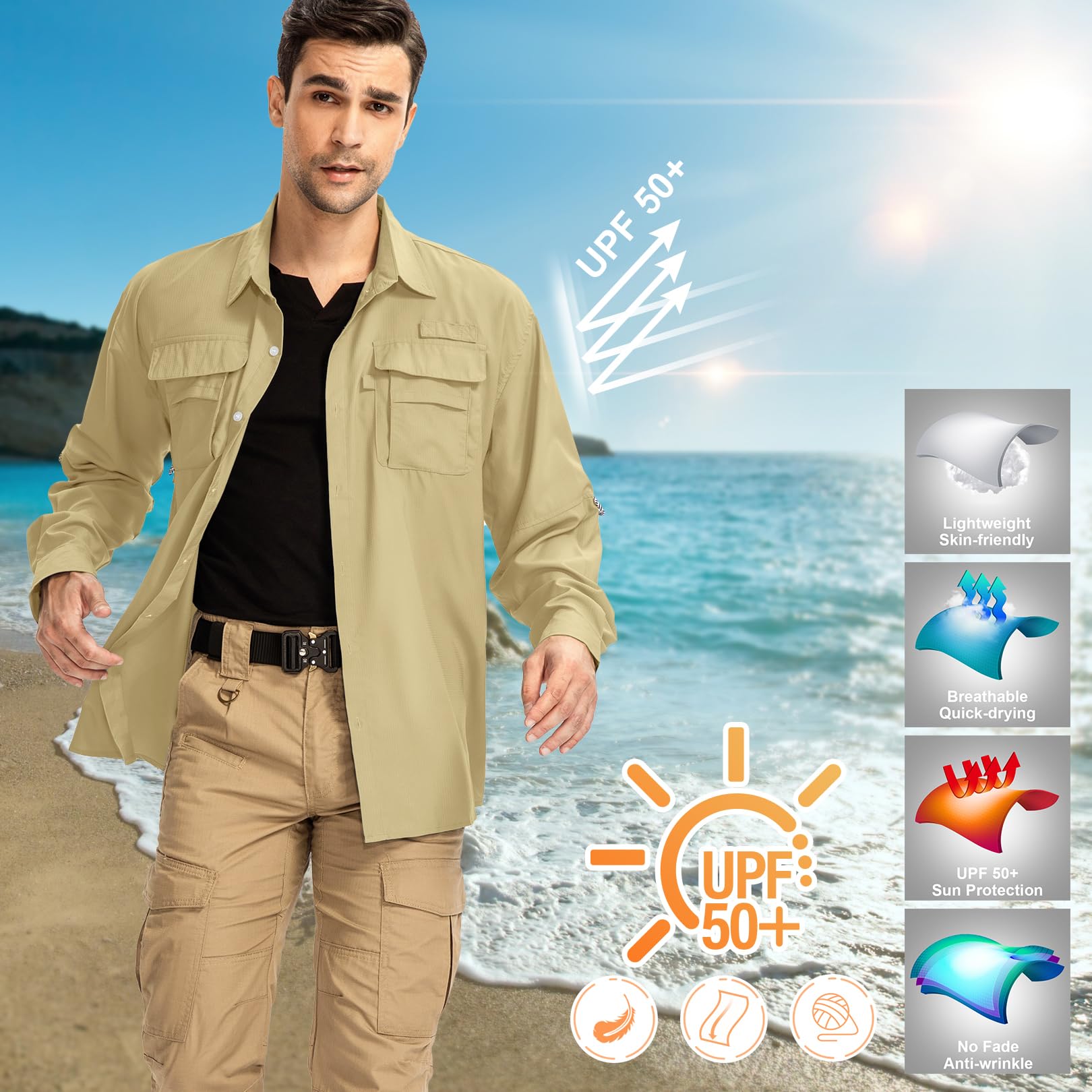 yeyity Camicia da uomo a maniche lunghe UPF50+, protezione UV Safari, traspirante, per il tempo libero, ad asciugatura rapida, funzionale, per escursioni, pesca, trekking