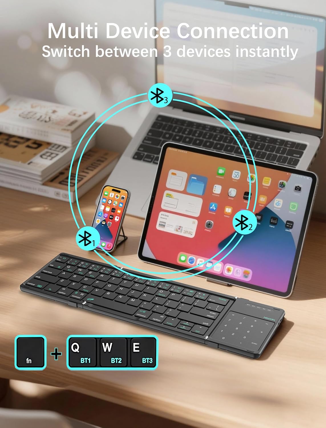 Nillkin Upgraded Foldable Bluetooth Keyboard with Touchpad & Number Pad, Portable Wireless Keyboard for Travel, Pocket-Sized, Full Size Keys, Support 3 Devices for iPad Laptop Tablets Phone, Black - Image 3