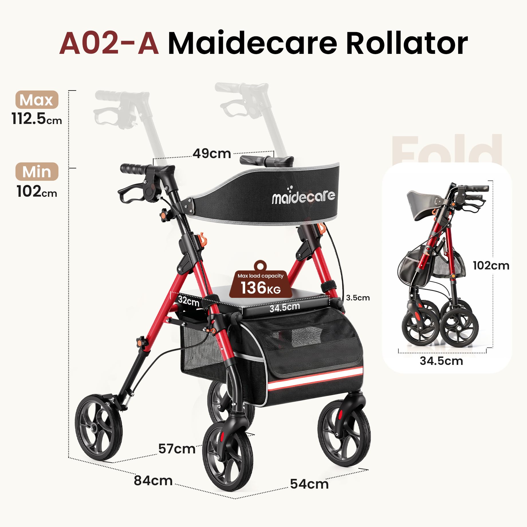 Rollator Faltbar und Leicht mit Sitz, Rollatoren für Senioren Klappbar, Schmal für Wohnung, Outdoor Walker, 20cm Reifen für All Gelände, 6-fach höhenverstellbar Griff, Aluminium, Rot