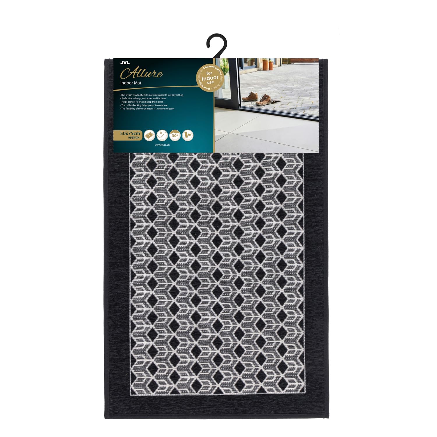 Jvl  Black Allure Machine Washable Doormat  in Size 50x75cm, Sports Direct