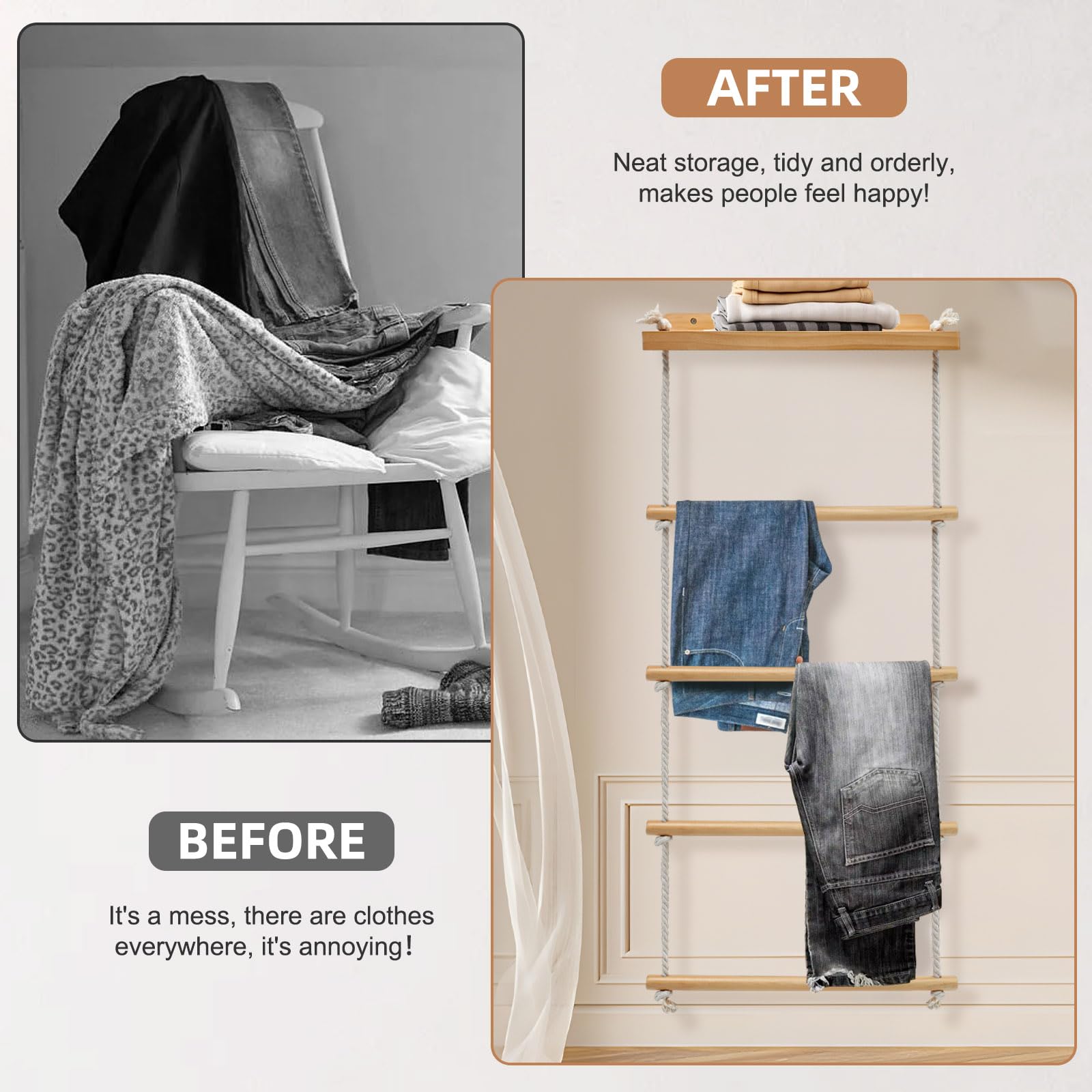 5 Strati Porta Asciugamani Legno, Porta Asciugamani Bagno da Parete, Scala Legno Decorativa per Parete Rampicante Vegetale, Piantana Asciugamani Bagno, Scaletta Porta Asciugamani per Camera