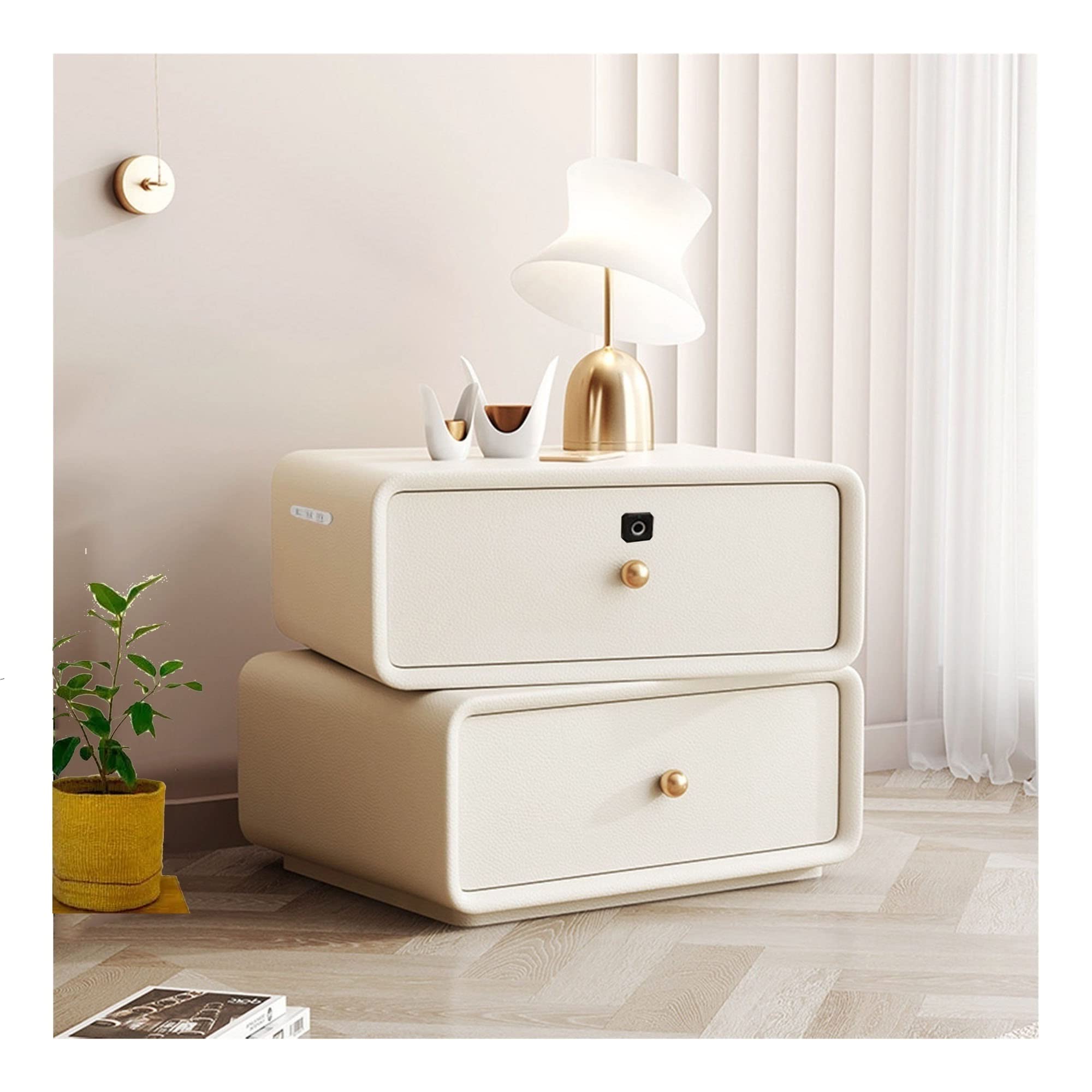 Smart Nightstand with Charging Station and Fingerprint Lock,de Table with Drawer,Modern Solid Wood Bedside Table,Upper 360° Rotatable,for Living Room,Sofa,Office Customizable (Color : 2.Off-White, S