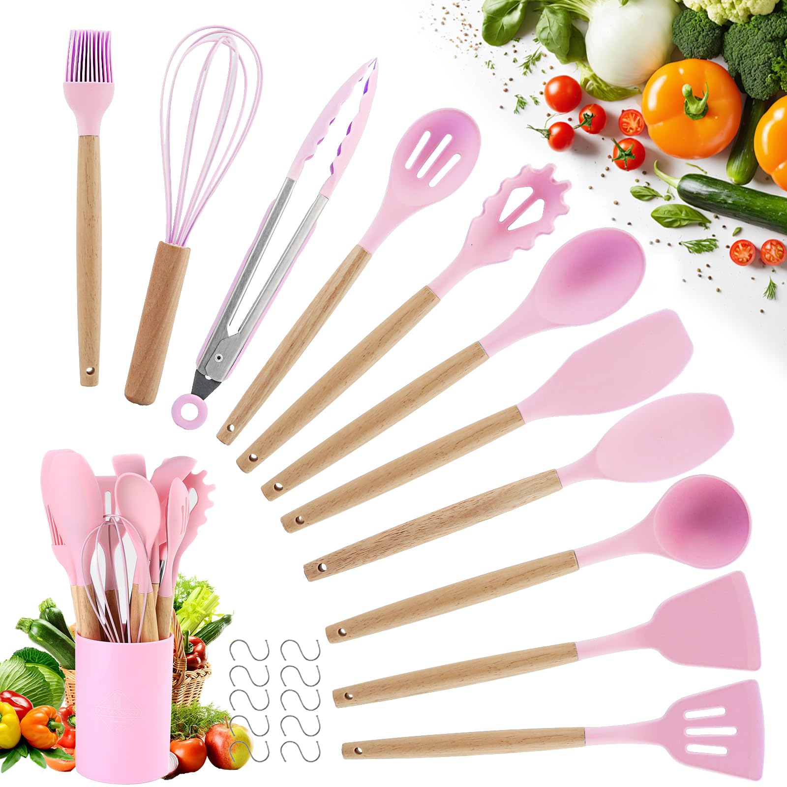 Utensilios De Cocina Silicona - Set De Utensilios Cocina 22 Piezas - Paletas Cocina, Espatulas Silicona Cocina - Cosas De Cocina - Juego De Cocina - Incluye 10 Ganchos (Rosa)